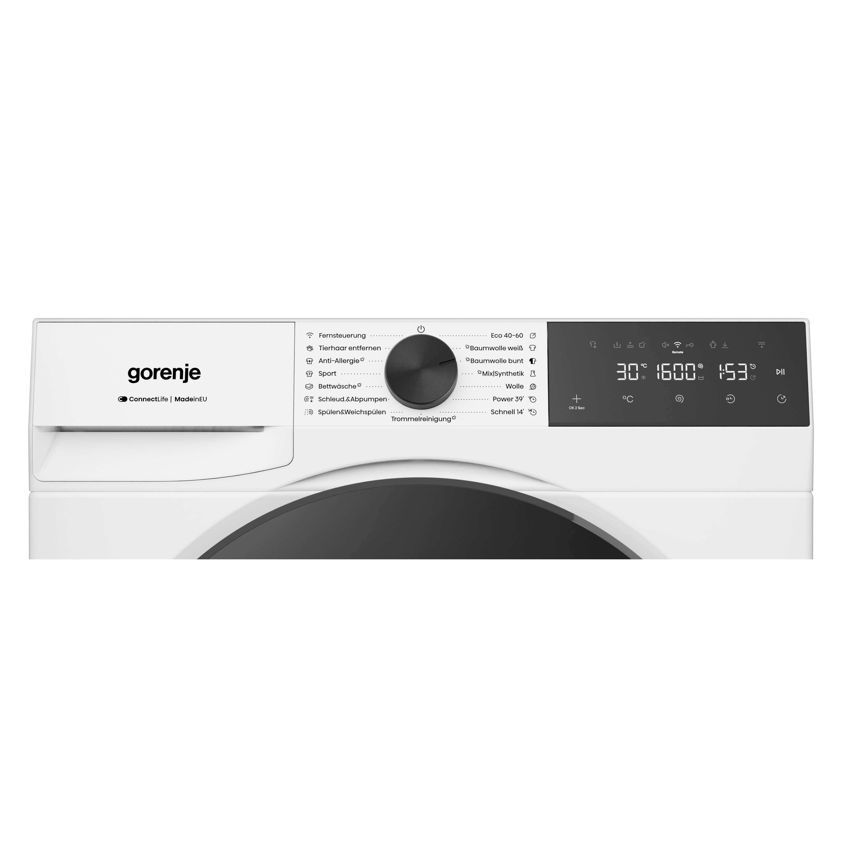 Bedienfeld einer weißen Gorenje Waschmaschine mit Drehregler und Digitalanzeige.