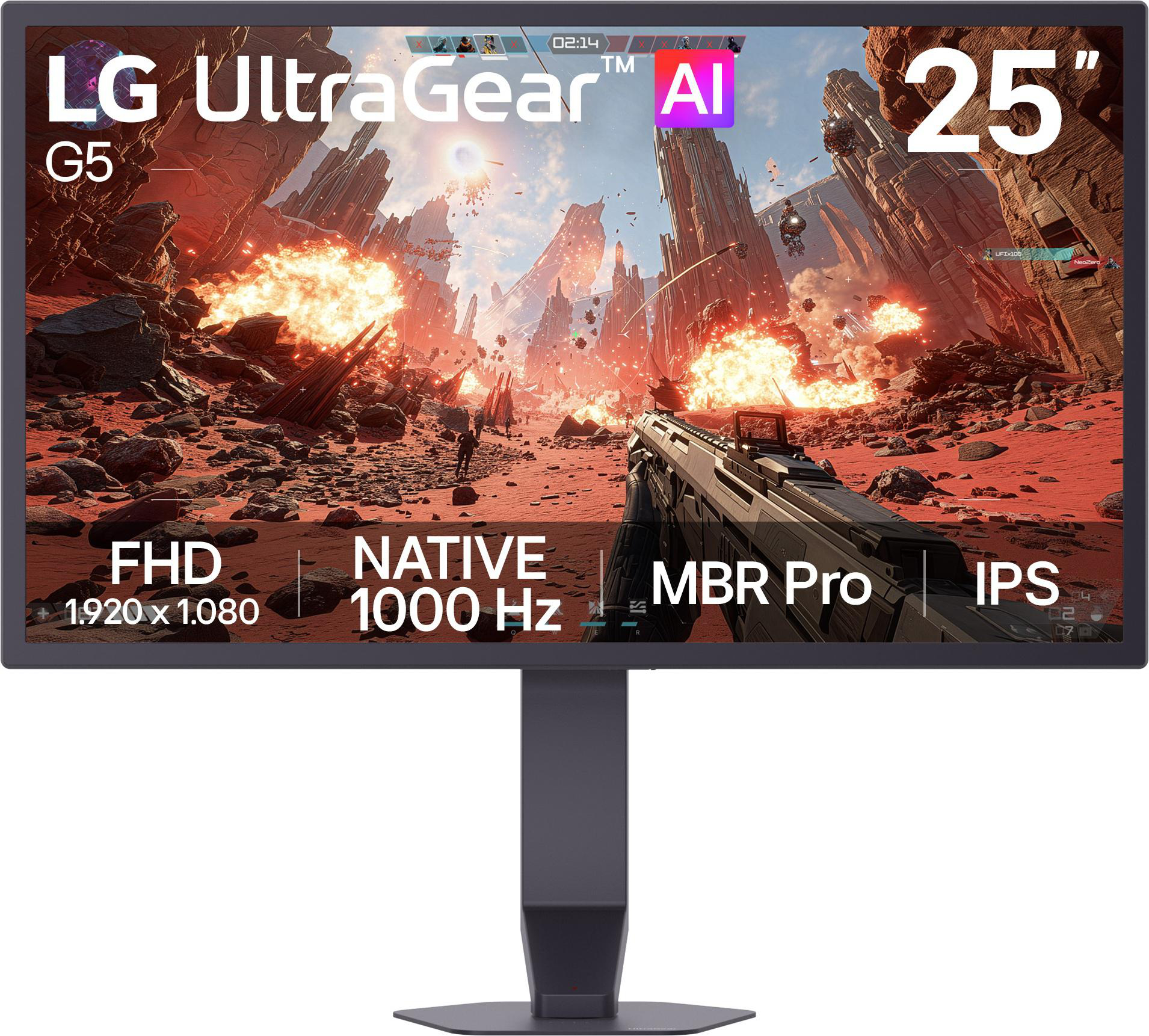 LG UltraGear G5 Monitor zeigt eine actionreiche Spielszene mit roten Felsen und Explosionen.
