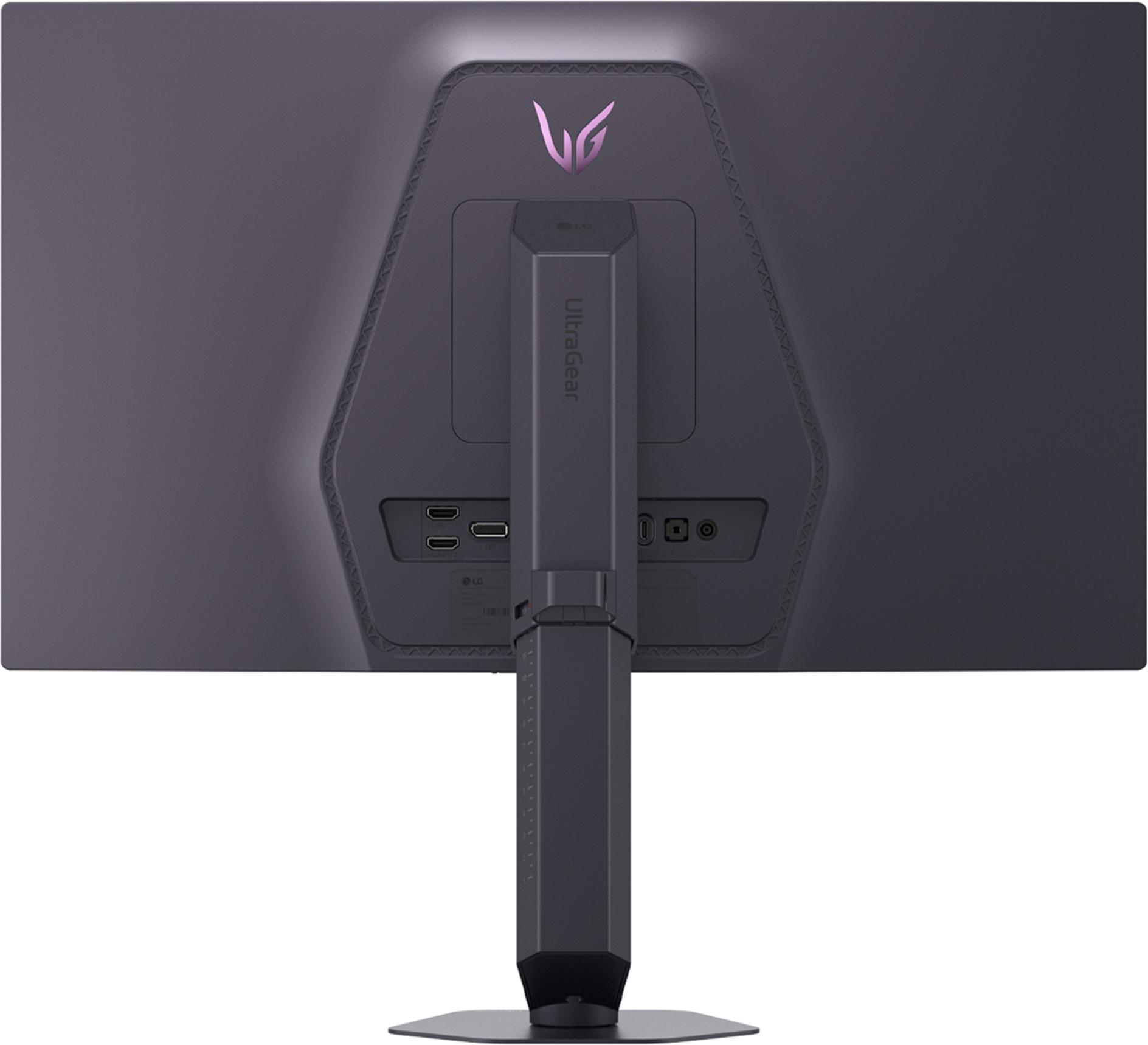 Rückansicht eines LG UltraGear Monitors mit schwarzem Ständer und rosafarbenem Logo.