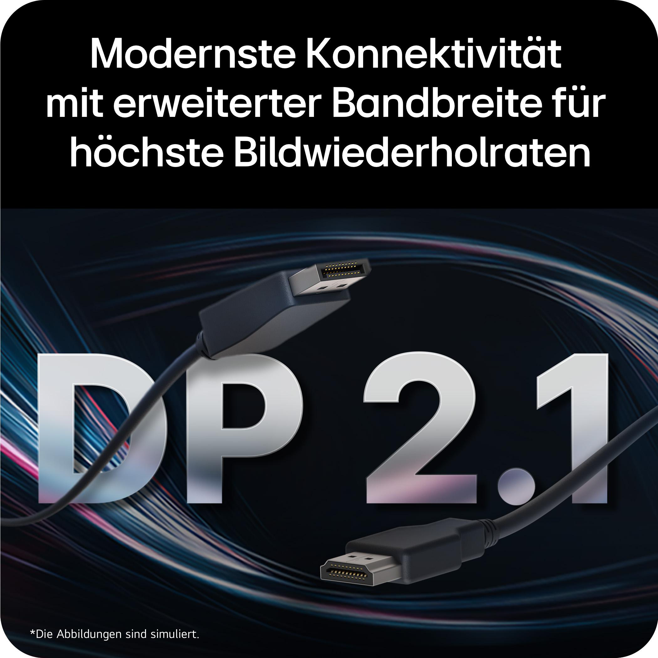 DisplayPort 2.1 Kabel vor schwarzem Hintergrund mit blauen Lichtstreifen und Text.