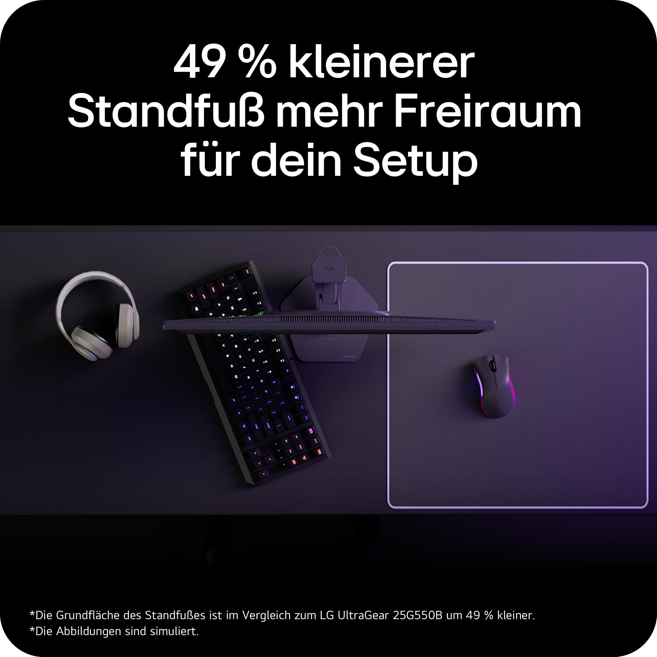 Gaming-Setup mit kleinerem Monitorstandfuß, Tastatur, Maus, Mauspad und Kopfhörern auf dunklem Tisch.