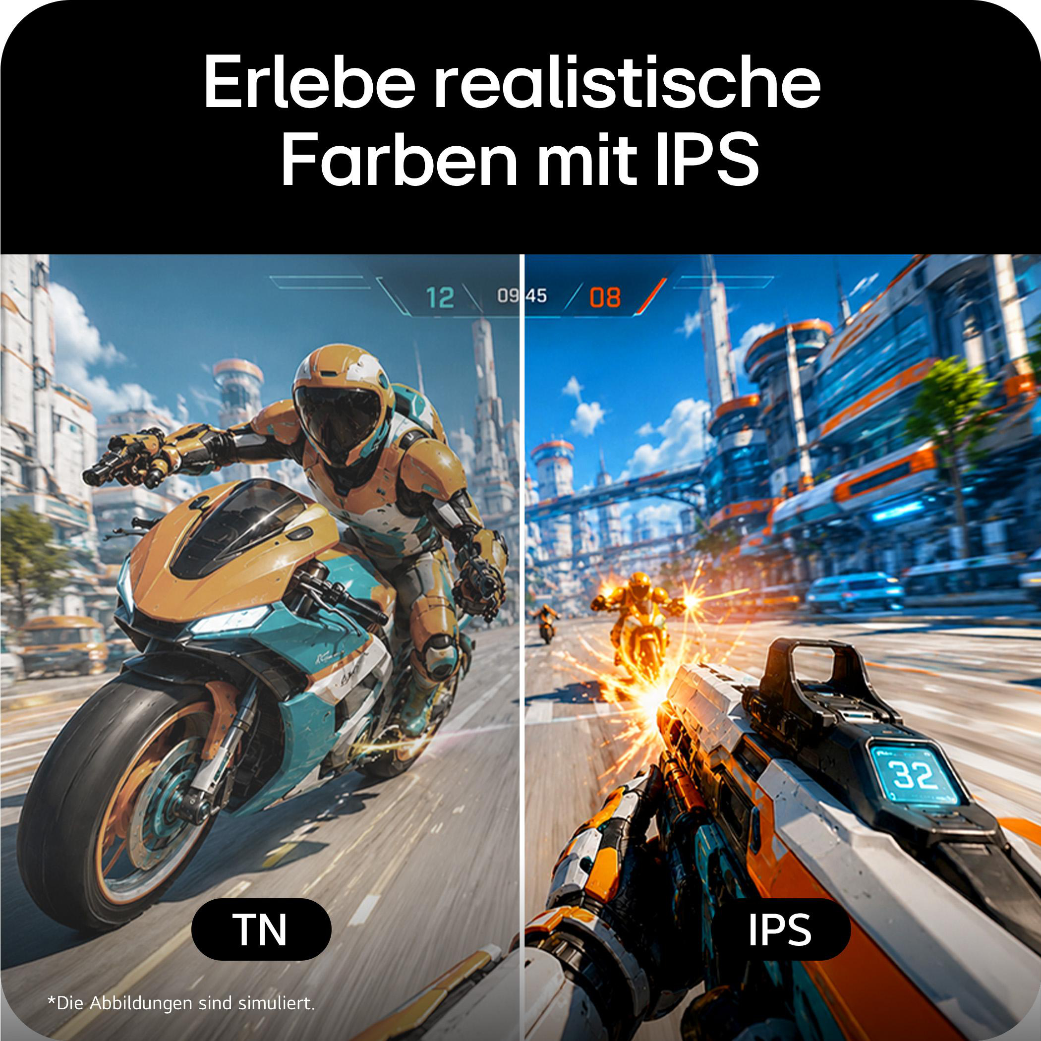 Vergleich zweier Bildschirme: TN-Display zeigt matten Look, IPS-Display zeigt lebendige Farben und Details.
