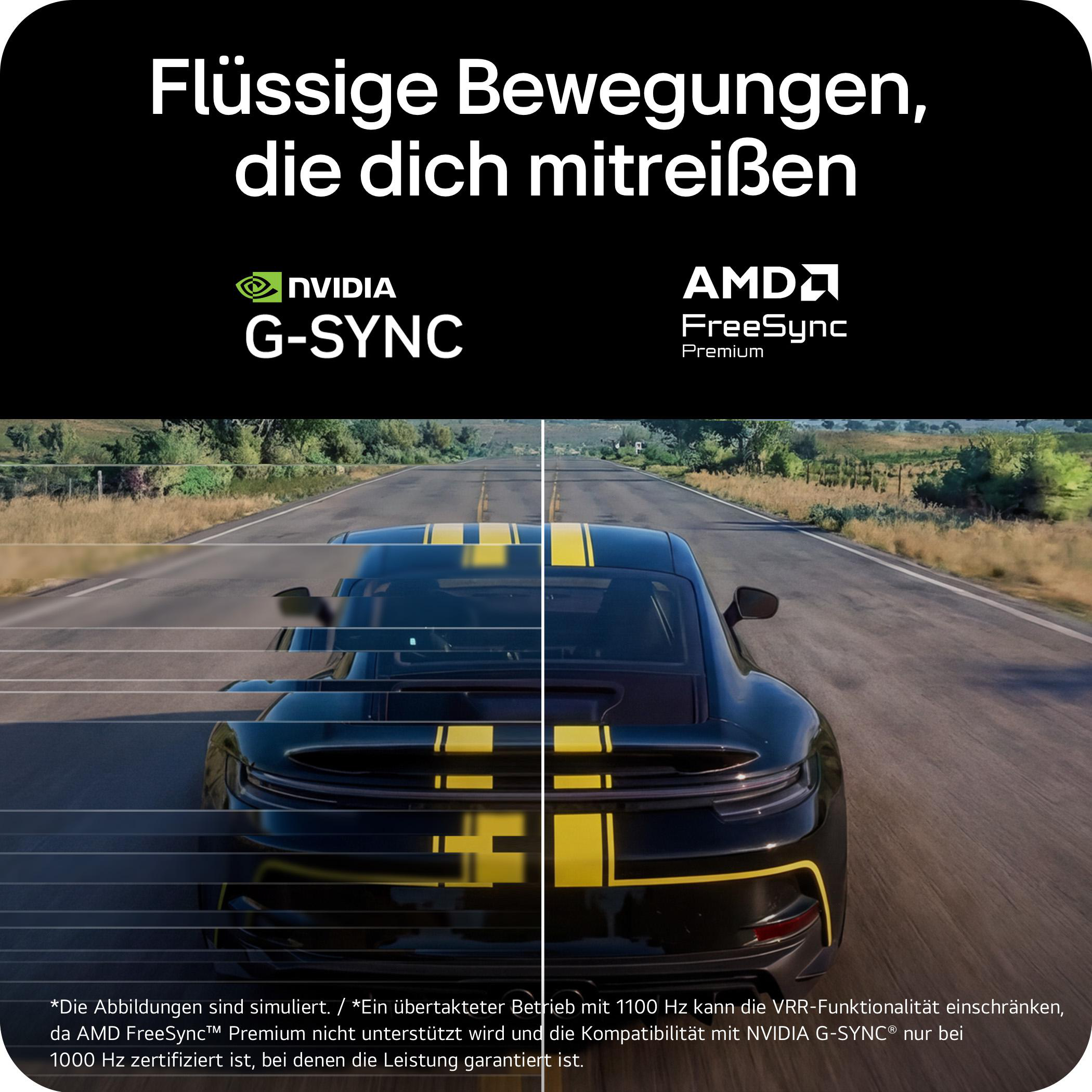 Vergleich von NVIDIA G-SYNC und AMD FreeSync Premium mit einem Auto auf der Straße.
