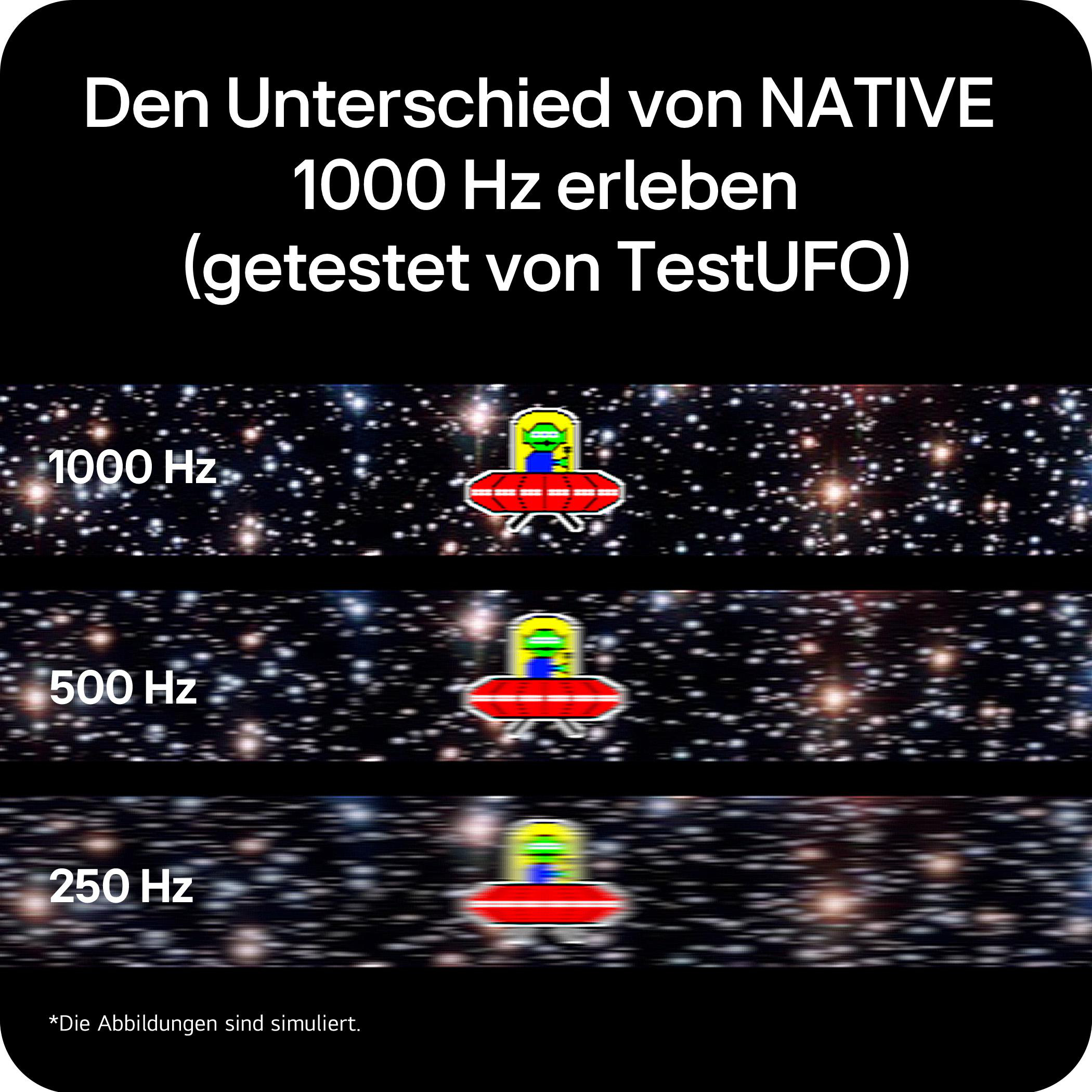 Vergleich von UFO-Grafiken bei 1000 Hz, 500 Hz und 250 Hz vor Sternenhintergrund.