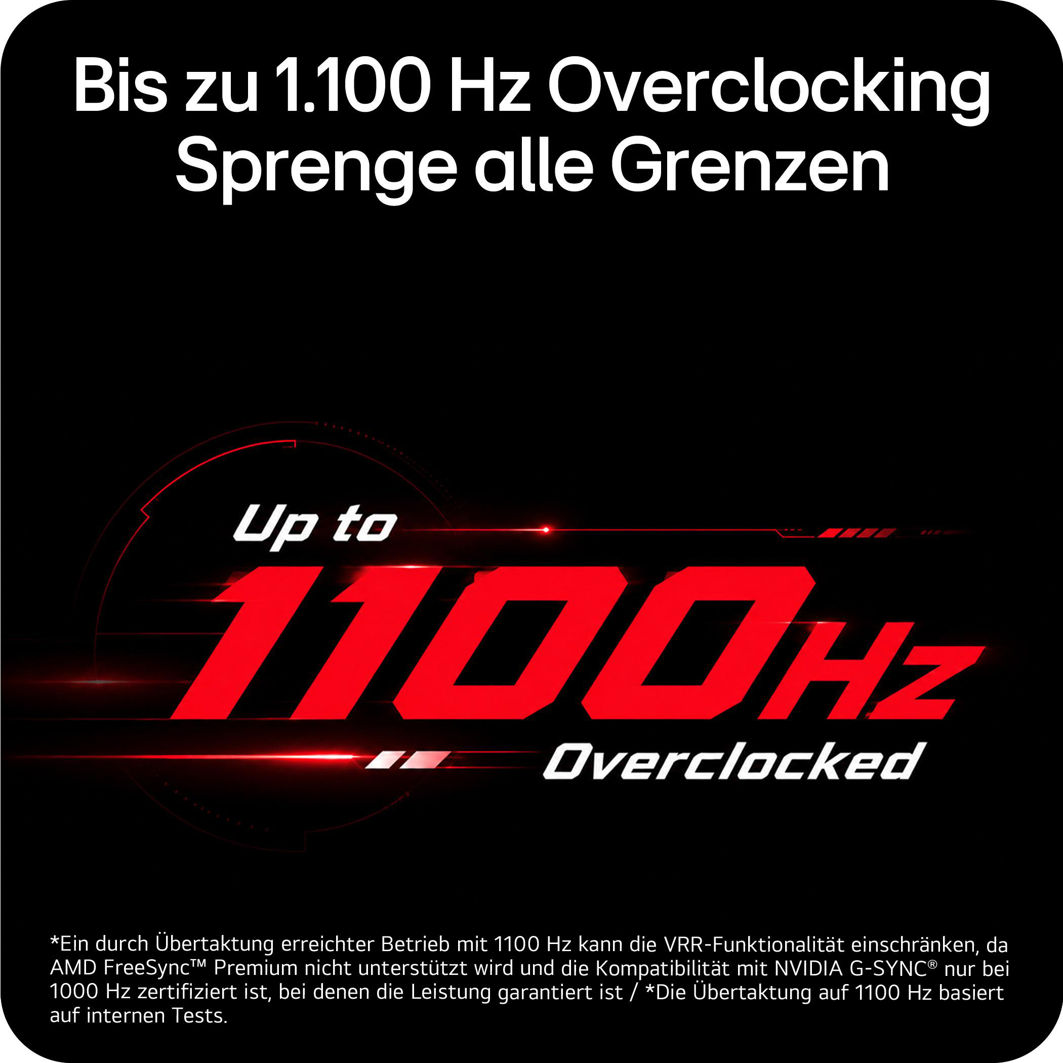 Schwarzer Hintergrund mit rotem Text "Up to 1100 Hz Overclocked" und deutschem Werbetext.