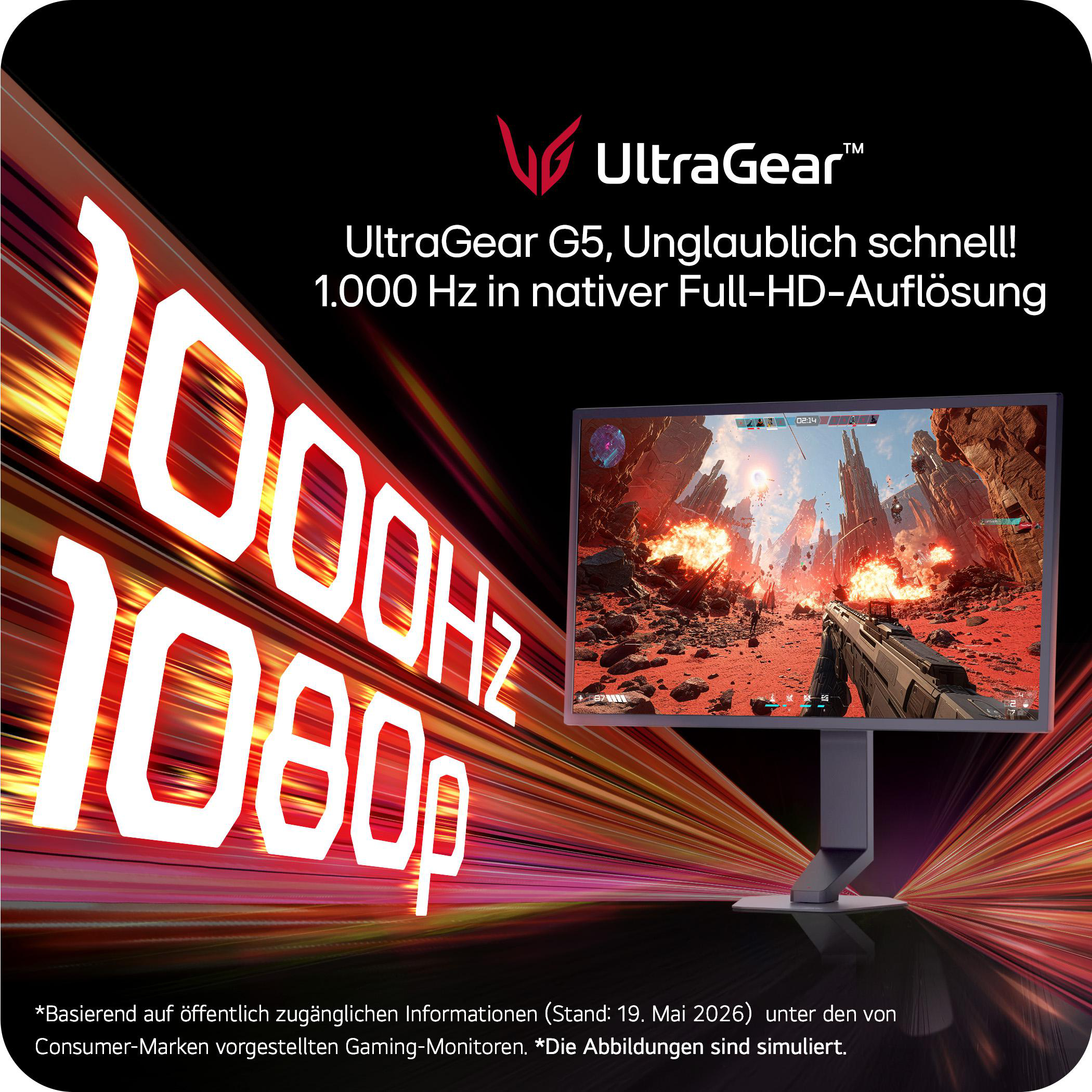 LG UltraGear G5 Monitor mit 1000 Hz und 1080p, zeigt ein explosiveres Sci-Fi-Spiel auf rotem Grund.