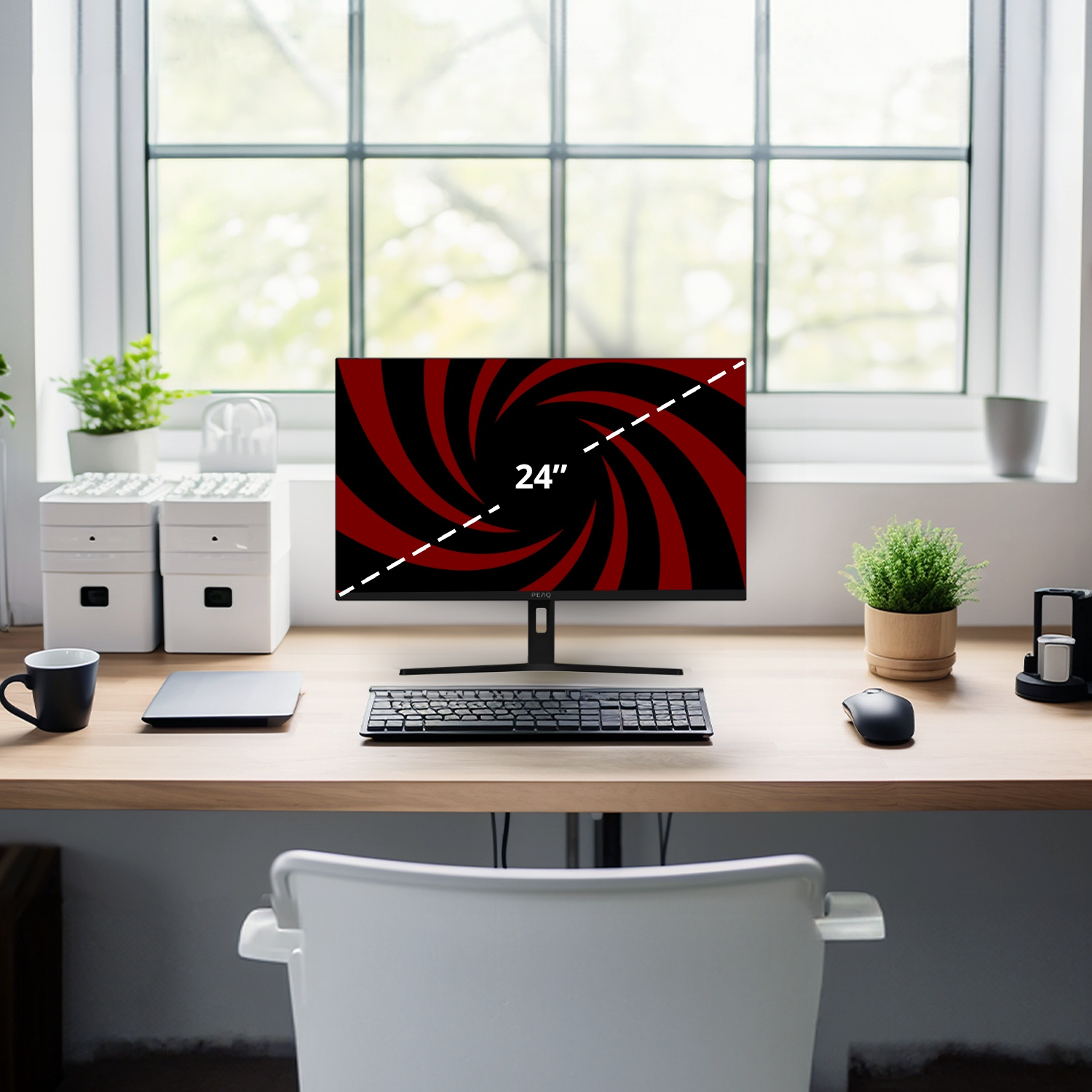 Un moniteur de 24 pouces avec un motif en spirale rouge est sur un bureau en bois avec clavier, souris, plantes et fenêtre.