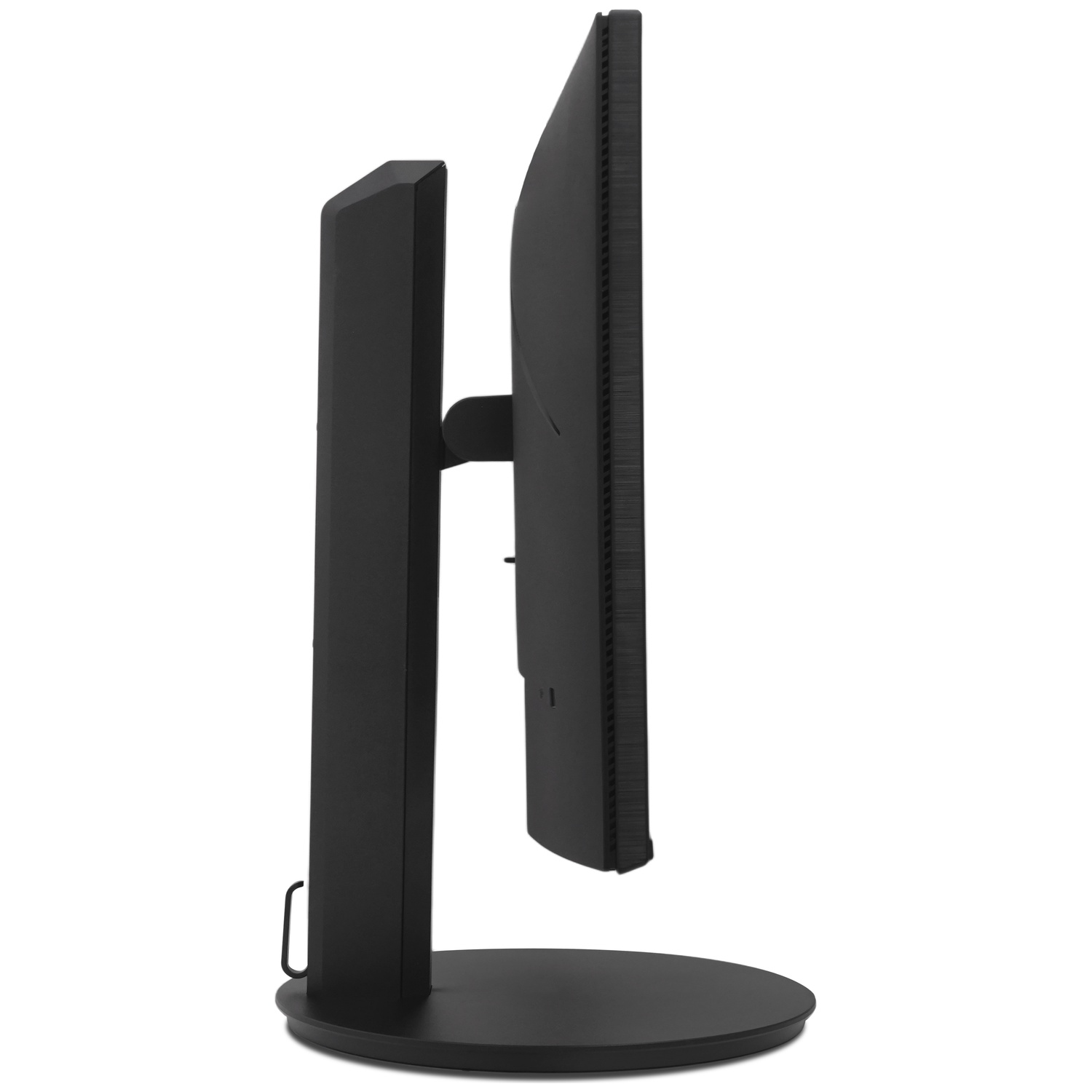 Vue latérale d'un moniteur d'ordinateur noir avec une base ronde et un pied haut.