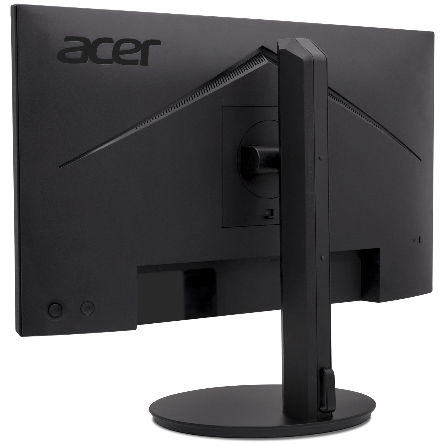 Vue arrière d'un moniteur d'ordinateur Acer noir sur une base ronde sur fond blanc.