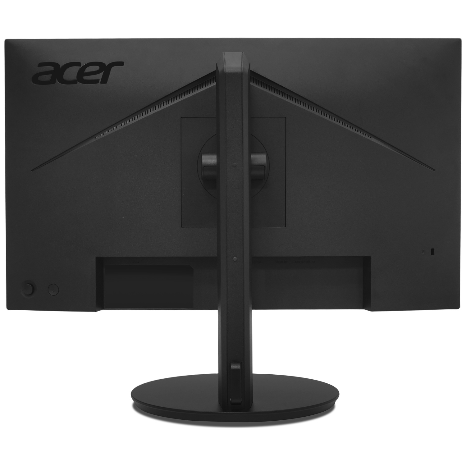 Vue arrière d'un moniteur d'ordinateur Acer noir avec pied sur fond blanc.