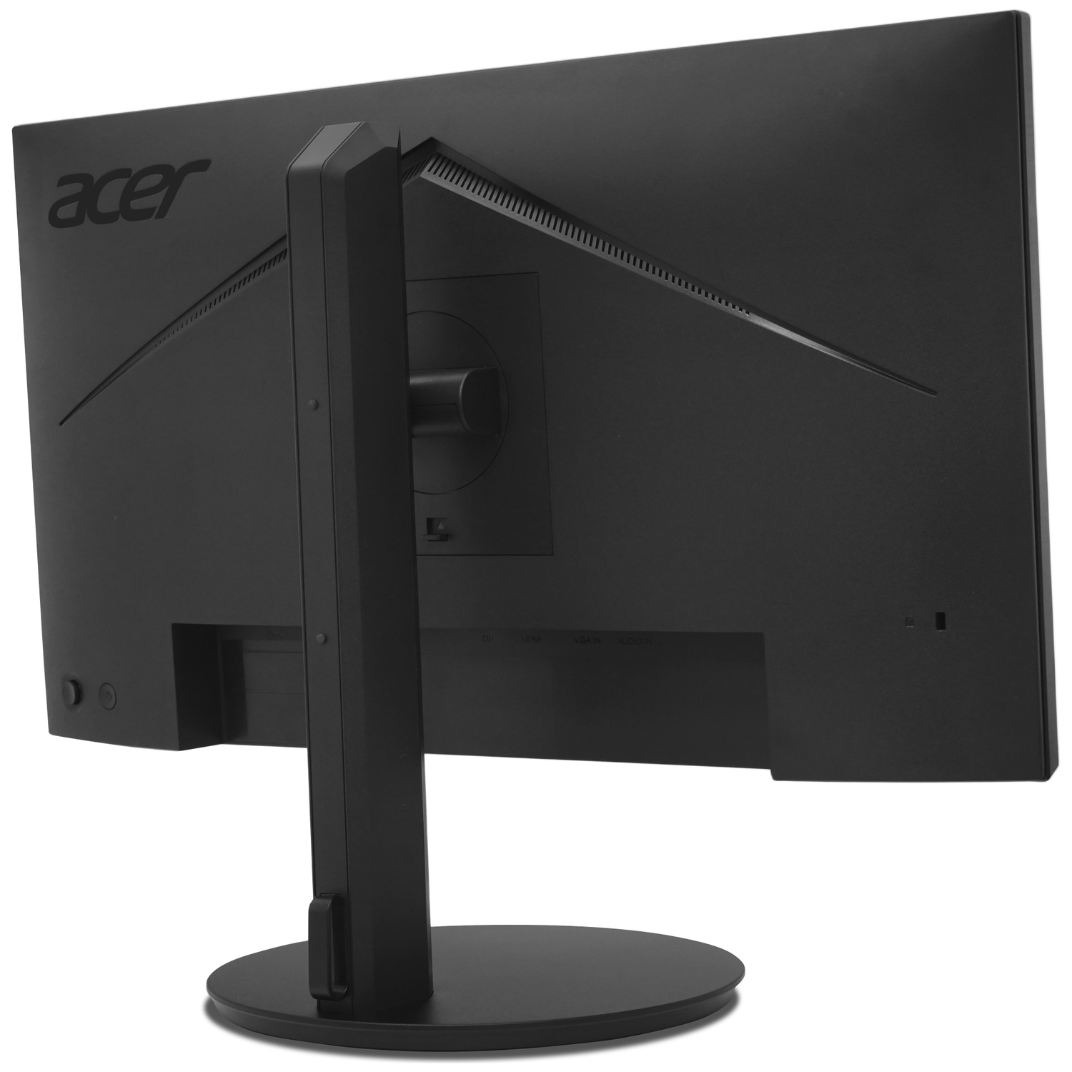 Vue arrière d'un moniteur d'ordinateur Acer noir avec un support réglable sur fond blanc.