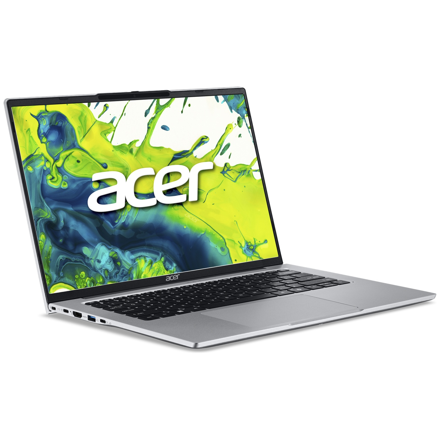 Un ordinateur portable Acer argenté avec un clavier noir et un fond d'écran abstrait coloré sur l'écran.