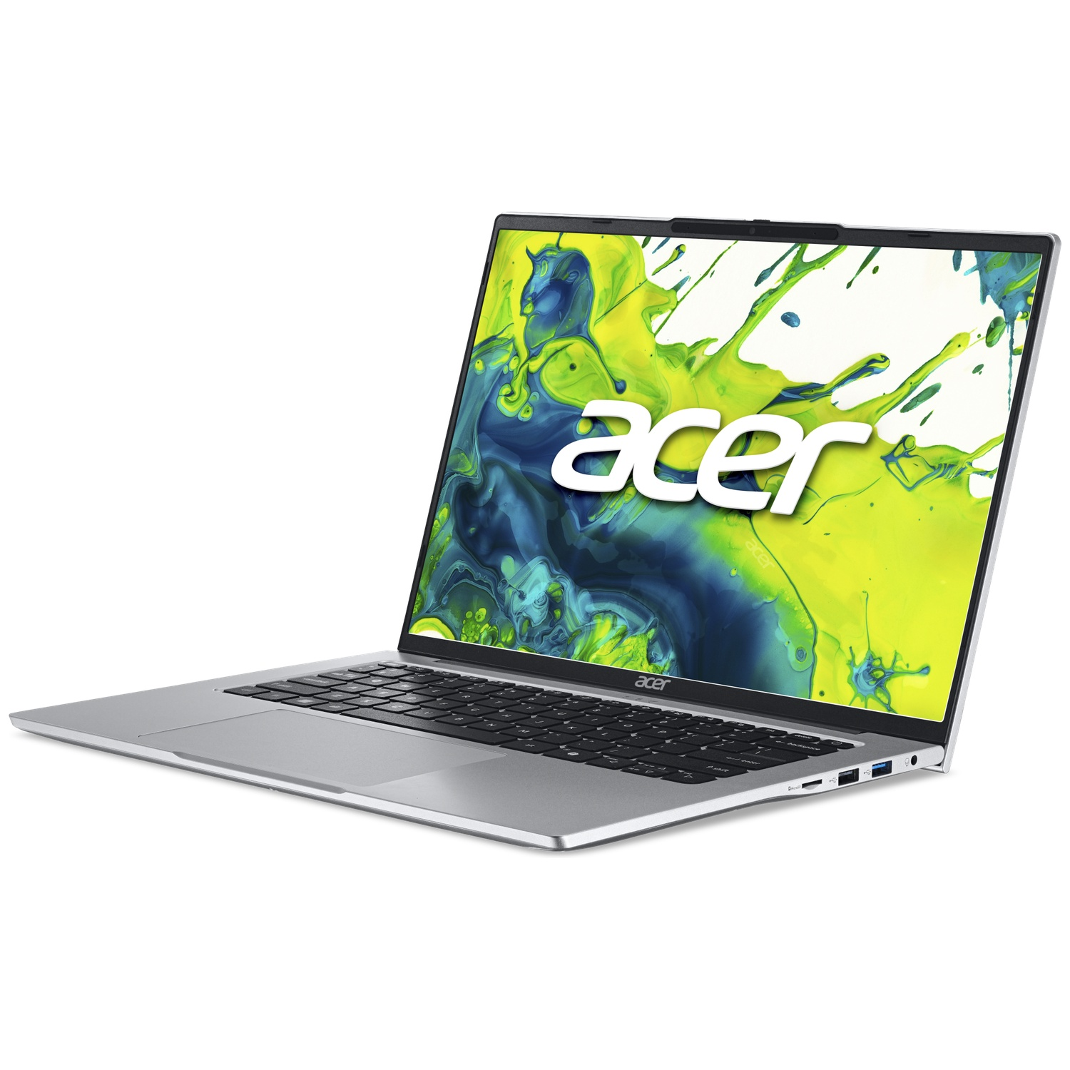 Ordinateur portable Acer argenté avec motif vert sur l'écran, sur fond blanc.