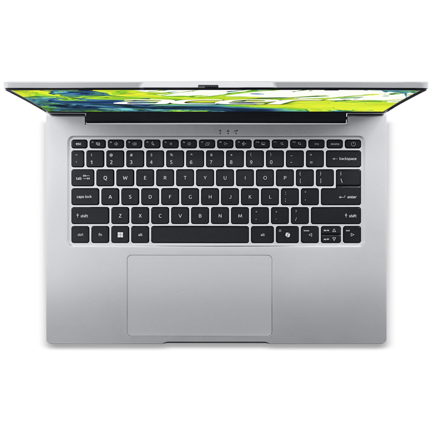 Vue de dessus d'un ordinateur portable argenté avec un clavier QWERTY noir et un écran ouvert.