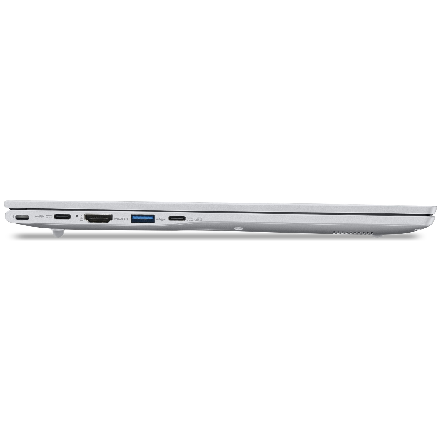 Vue latérale d'un ordinateur portable argenté affichant divers ports, y compris USB, HDMI et USB-C.