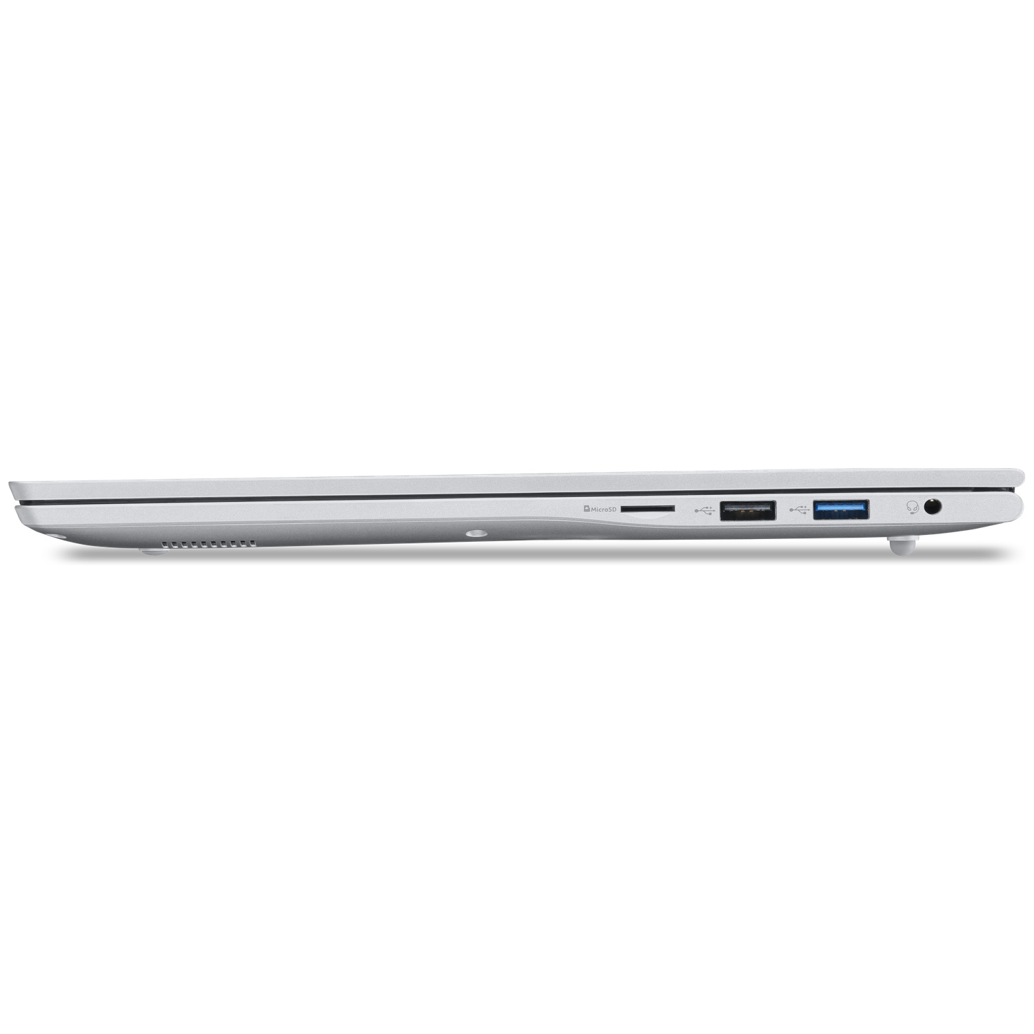 Vue latérale d'un ordinateur portable argenté avec lecteur microSD, deux ports USB et prise audio.