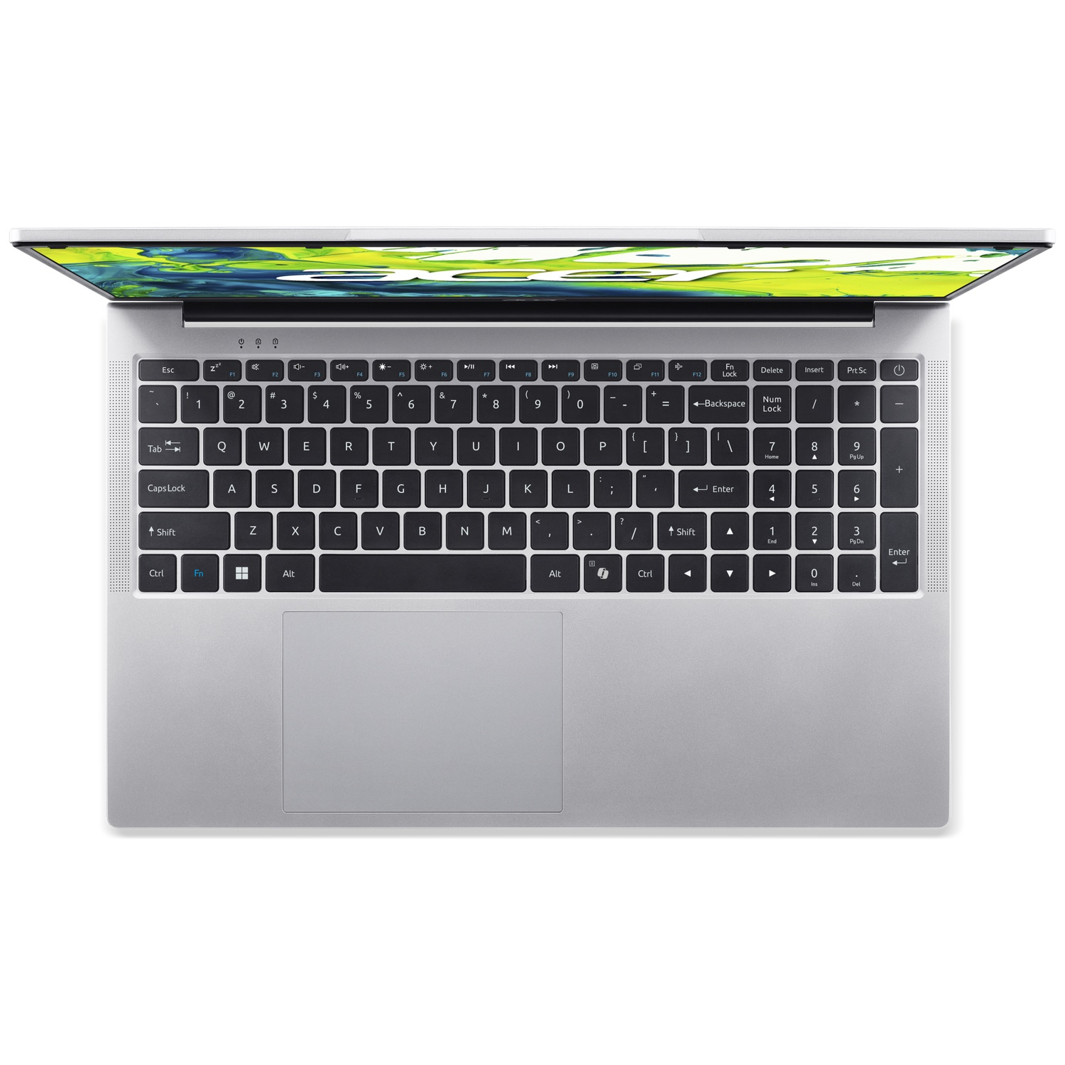 Vue de dessus d'un ordinateur portable Acer argenté avec écran allumé, clavier numérique et pavé tactile.