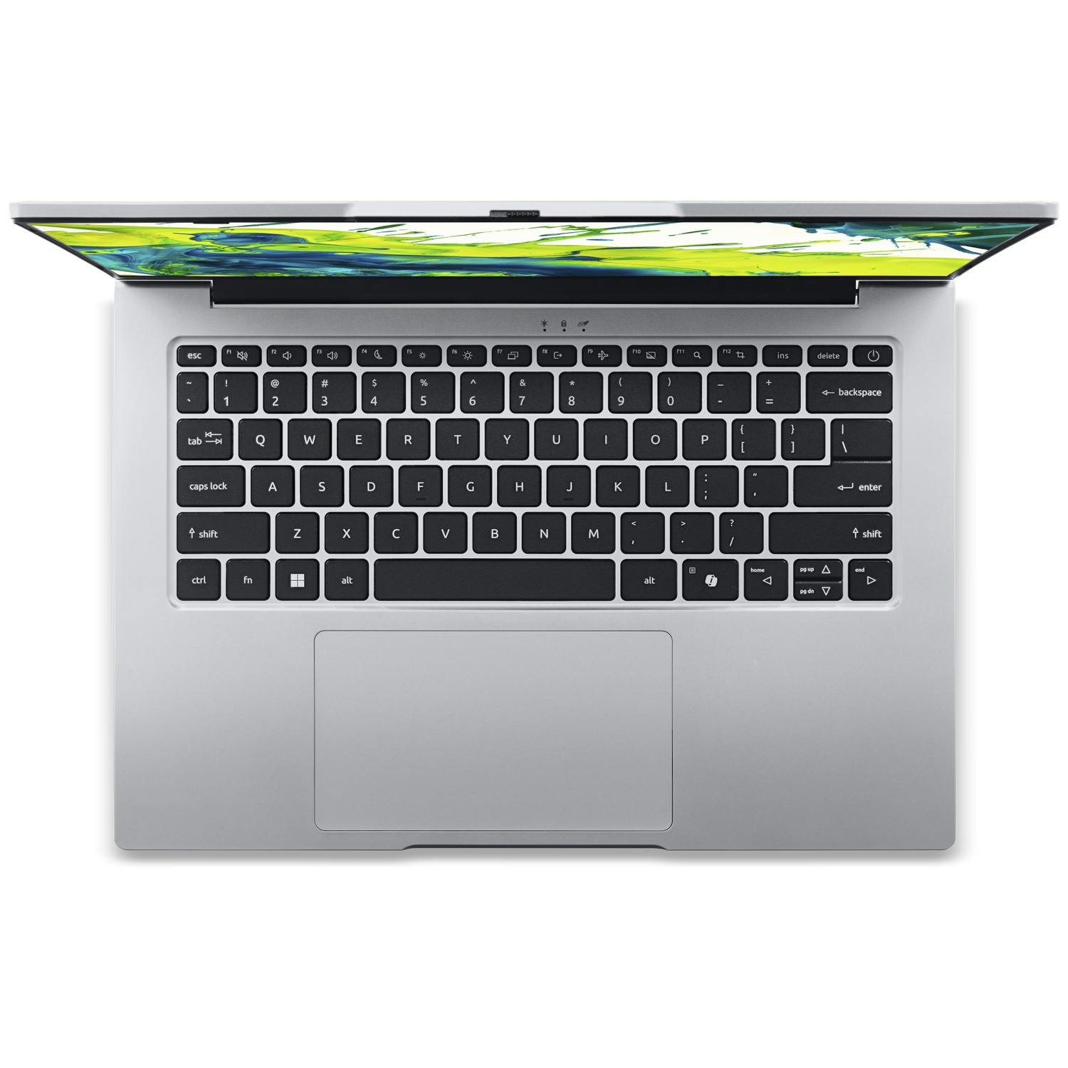 Bovenaanzicht van een zilveren laptop met een zwart toetsenbord, verlicht scherm en een groot touchpad.
