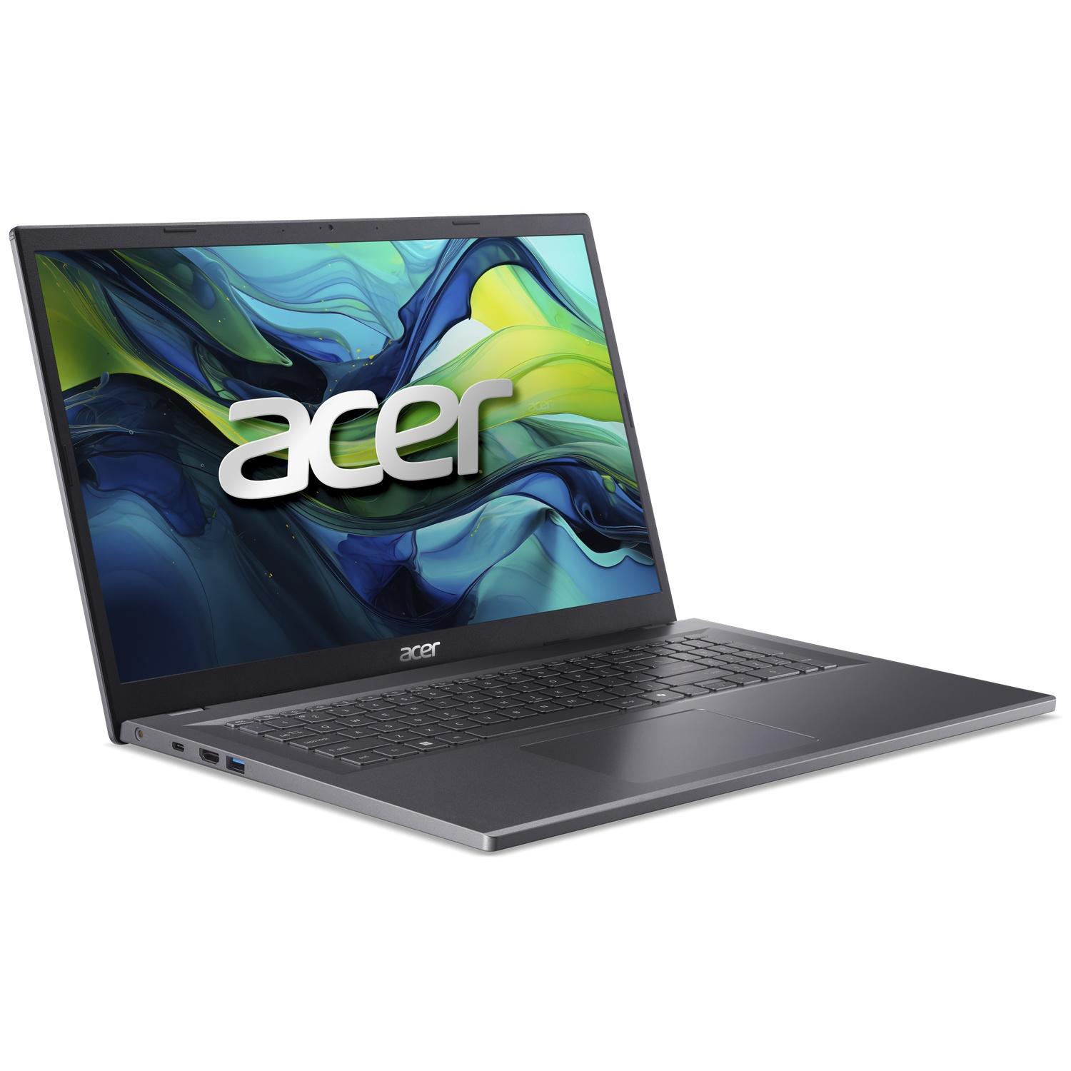 Een grijze Acer-laptop op een witte achtergrond met een blauw en groen golvend abstract patroon op het scherm.