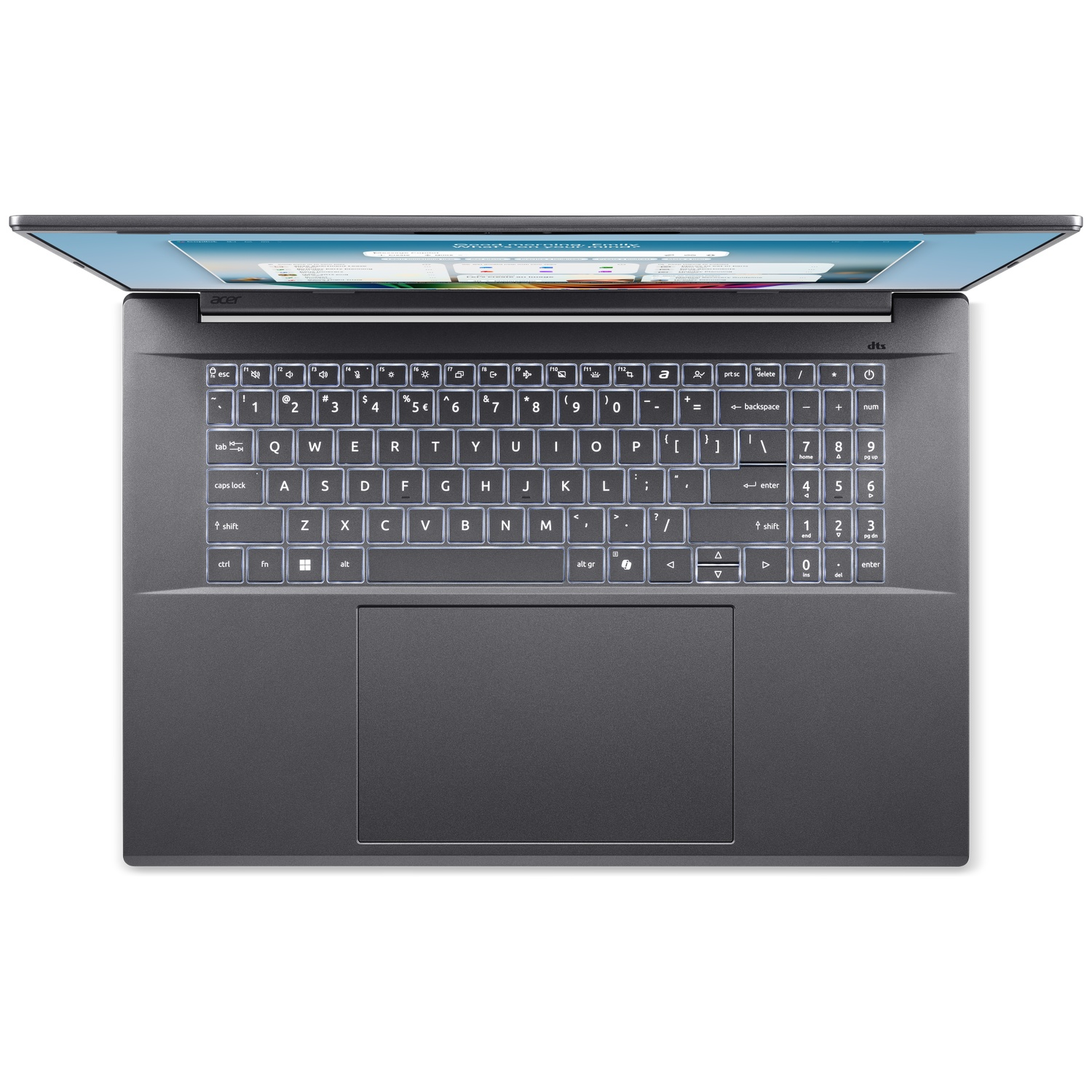 Bovenaanzicht van een donkere laptop met verlicht toetsenbord en touchpad.