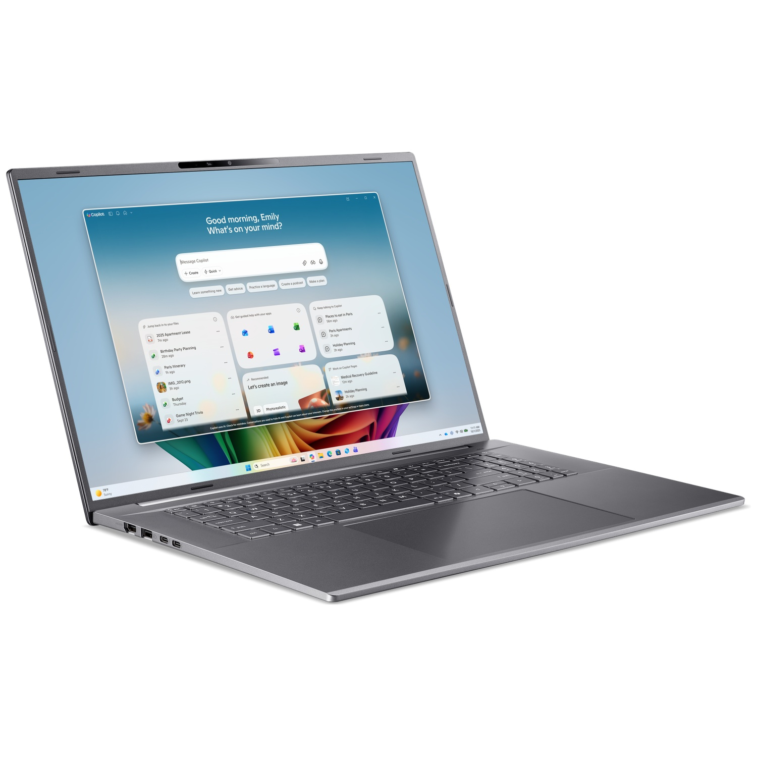 Een grijze laptop toont een Copilot-scherm op het bureau tegen een witte achtergrond.