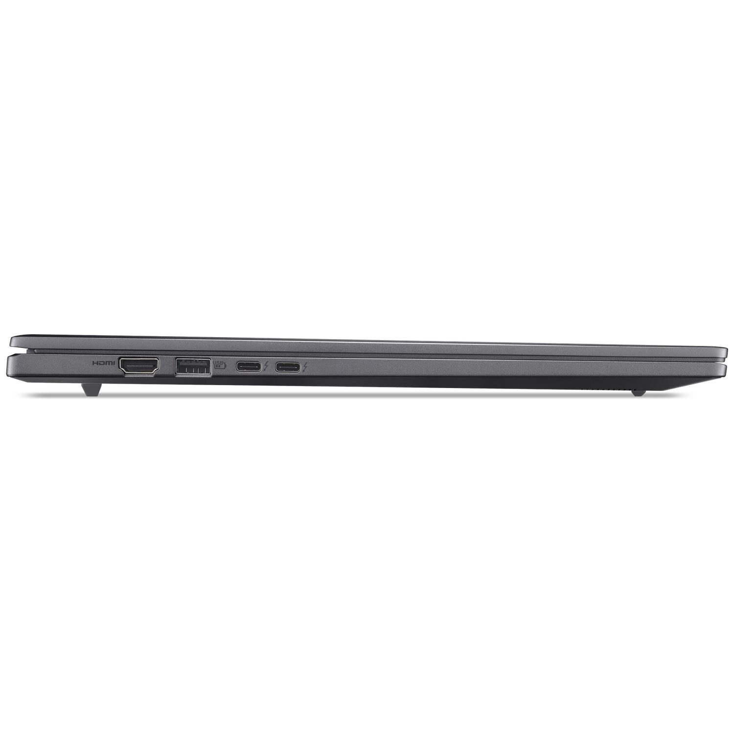 Zijaanzicht van een gesloten grijze laptop met HDMI-, USB- en USB-C-poorten.