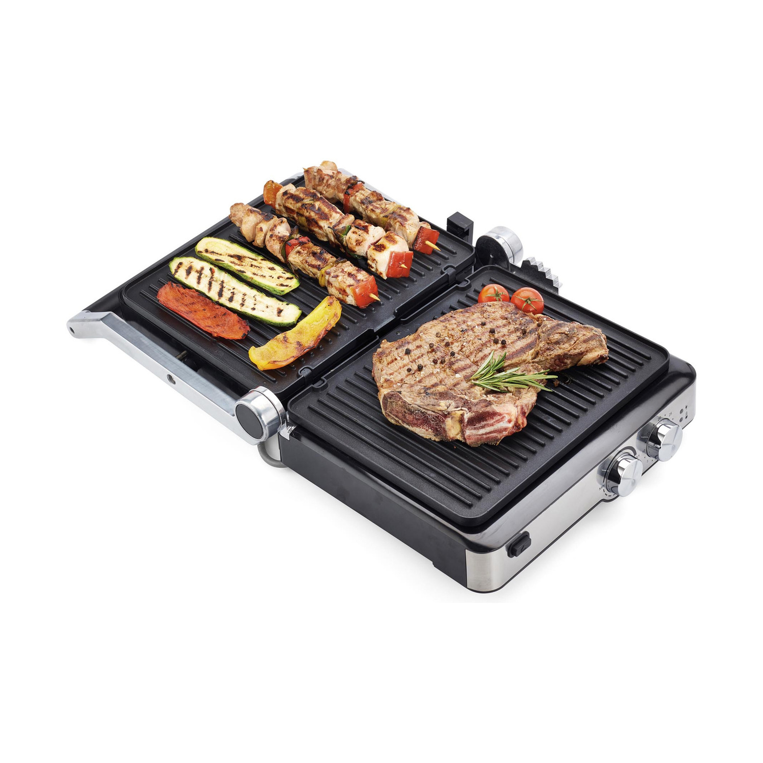 Una griglia elettrica da tavolo con carne, spiedini di verdure e zucchine sulle nervature.