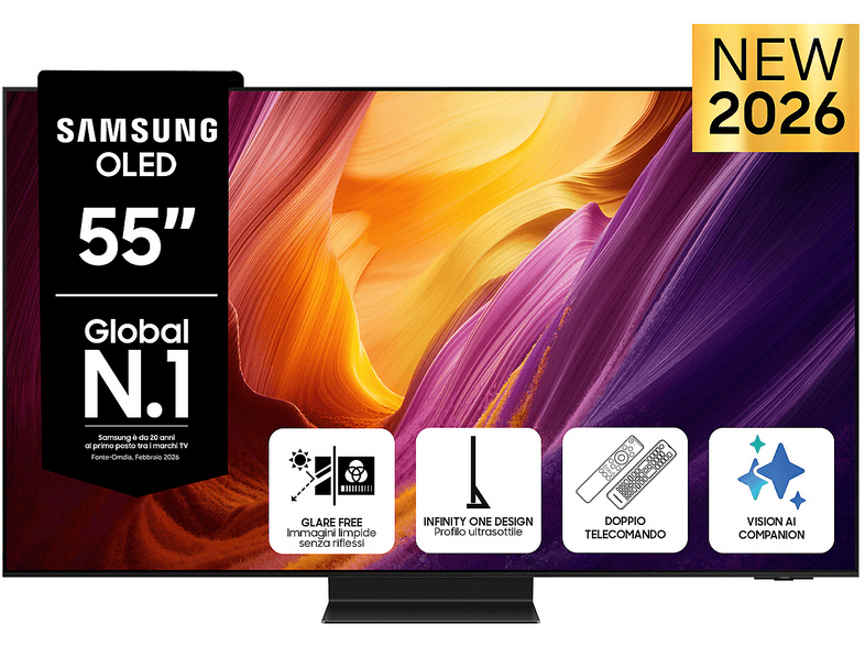 SAMSUNG OLED AI TV 55" QE55S95HFTXZT 4K, Processore NQ4 Gen3, 4K Upscaling Pro, Glare Free, HDR Motion Xcelerator 165Hz, Dolby Atmos & OTS+, Infinity One Design, Vision Smart TV, 2026
