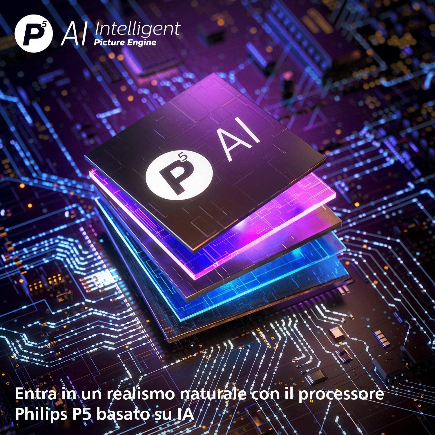 Un chip per computer illuminato con logo P5 AI su un circuito stampato.