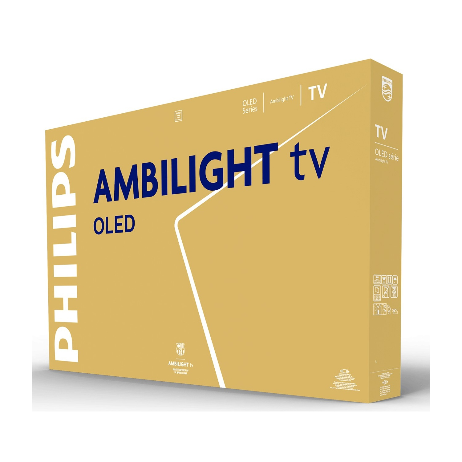 Una scatola gialla per TV Philips Ambilight OLED con scritte blu scuro e bianche.