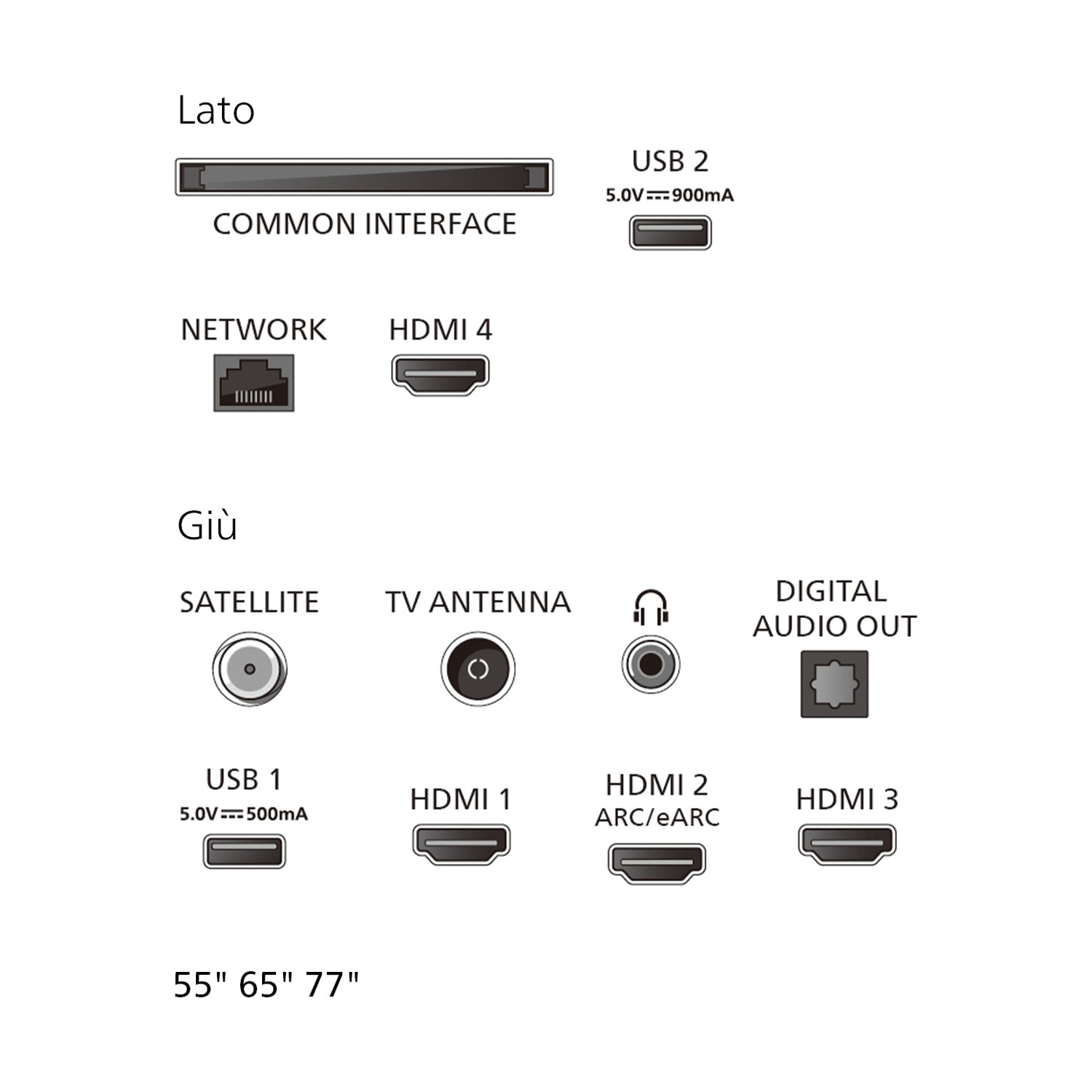 Diagramma delle porte di connessione TV tra cui HDMI, USB, rete e antenna.