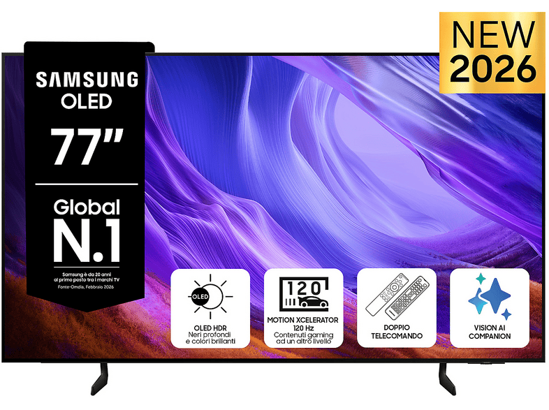 SAMSUNG OLED AI TV 77" QE77S85HAEXZT 4K, Processore NQ4 Gen2, 4K Upscaling, Schermo antiriflesso, HDR, Motion Xcelerator 120Hz, Dolby Atmos & OTS Lite, Contour Design, Vision Smart TV, 2026