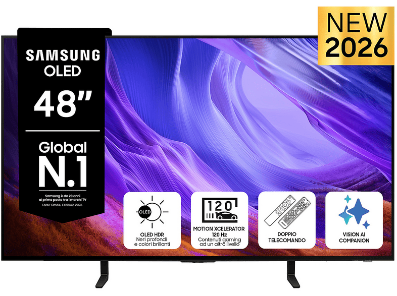 SAMSUNG OLED AI TV 48" QE48S85HAEXZT 4K, Processore NQ4 Gen2, 4K Upscaling, Schermo antiriflesso, HDR, Motion Xcelerator 120Hz, Dolby Atmos & OTS Lite, Laser Slim Design, Vision Smart TV, 2026