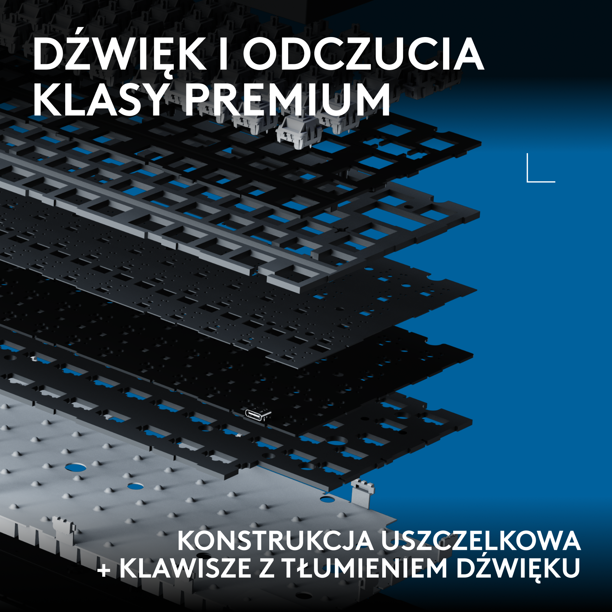 Widok rozstrzelony klawiatury mechanicznej ukazujący jej wielowarstwową strukturę na niebieskim tle.