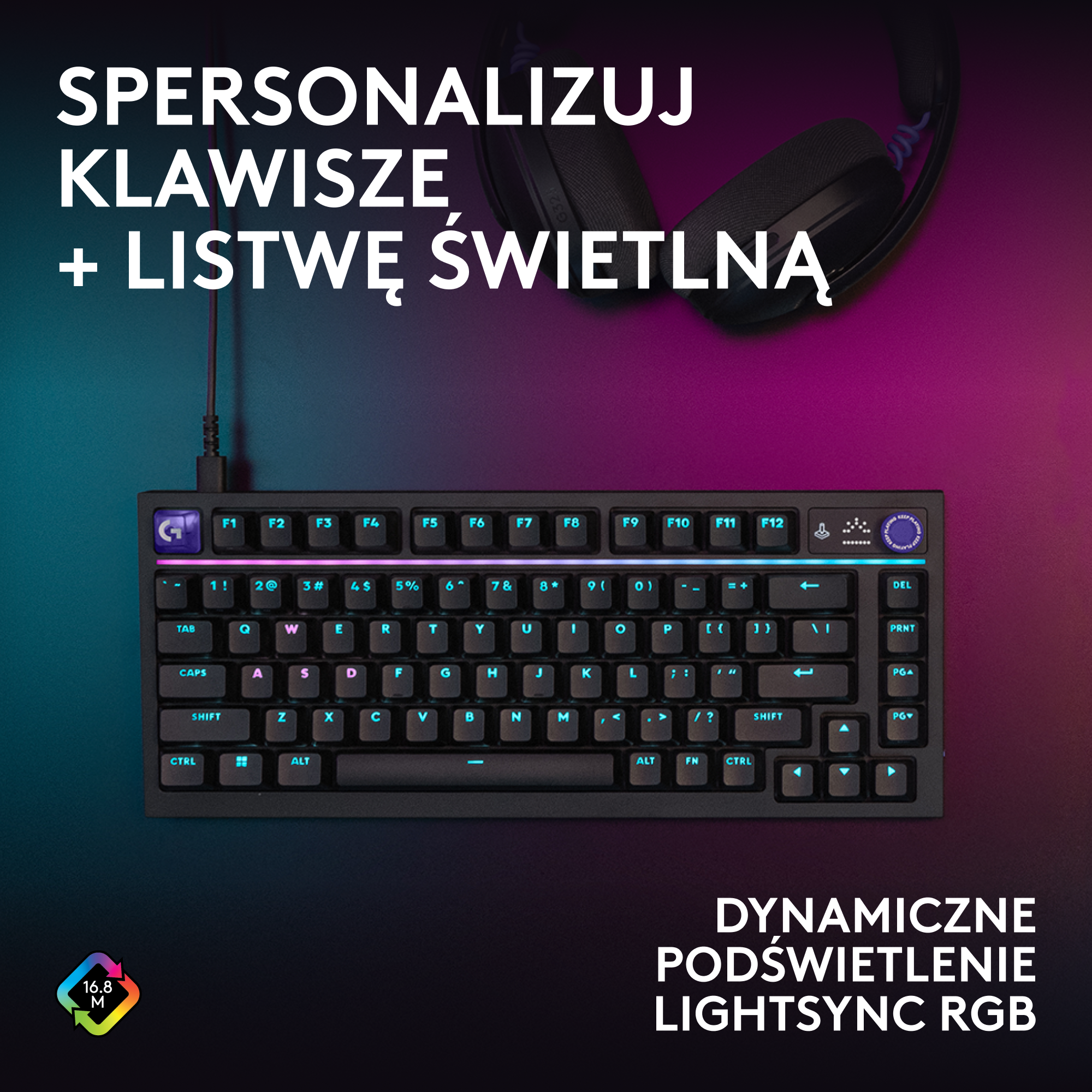 Czarna klawiatura mechaniczna z podświetleniem RGB i słuchawkami na kolorowym tle.