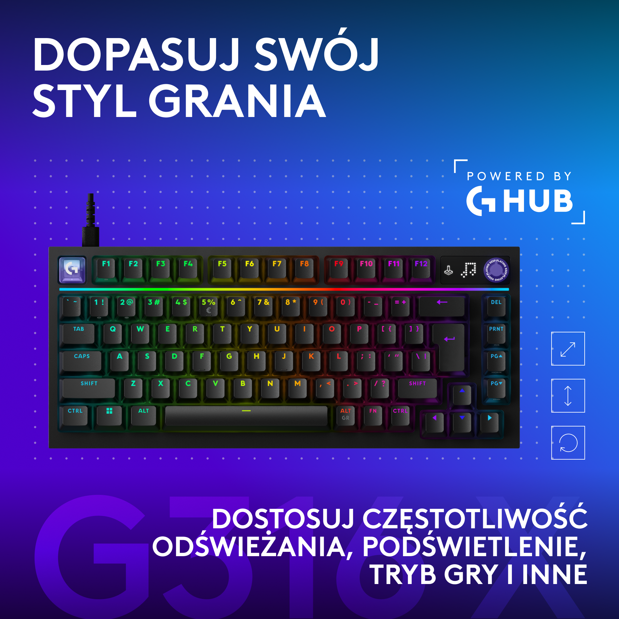 Czarna klawiatura mechaniczna z podświetleniem RGB na niebiesko-fioletowym tle z polskim tekstem.