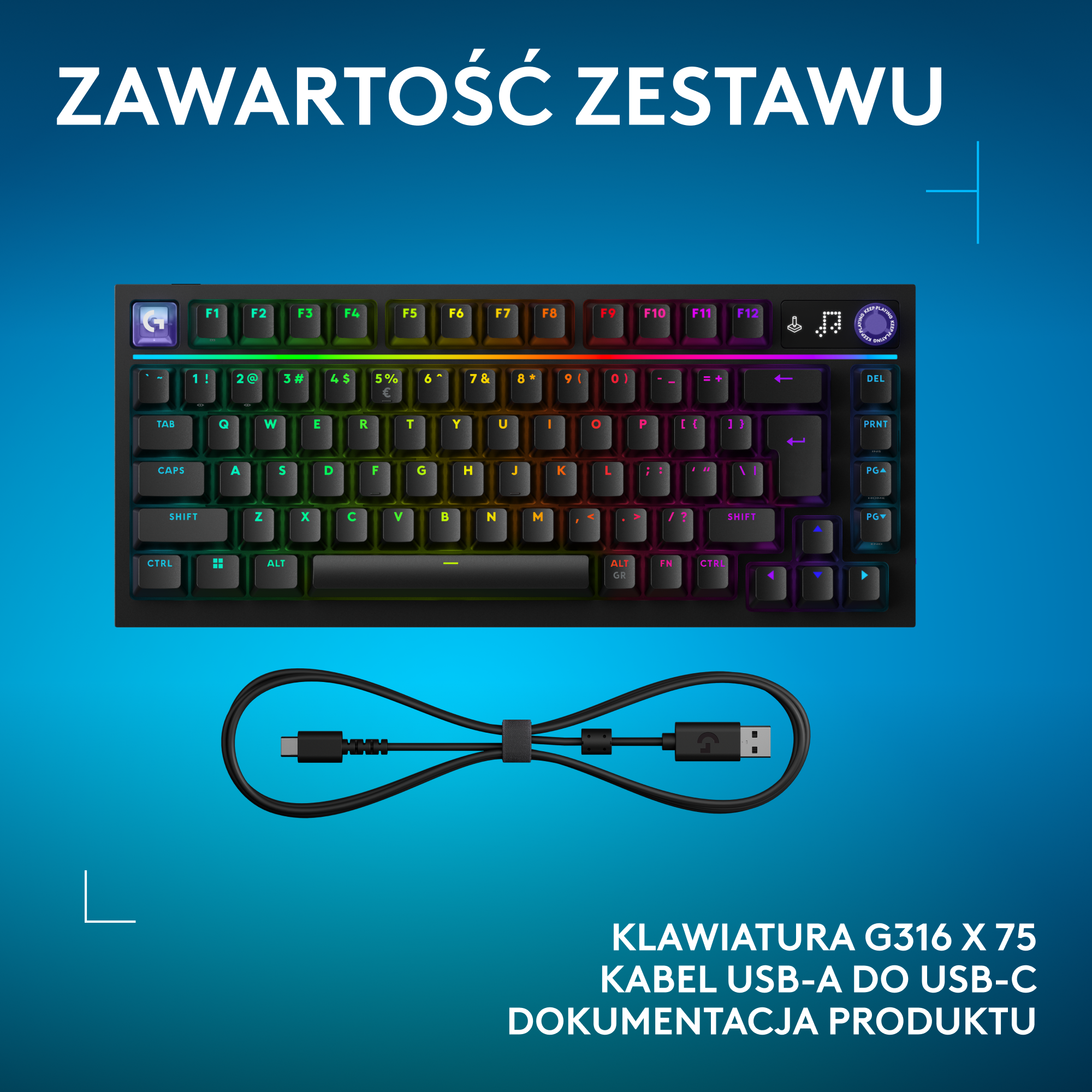 Czarna klawiatura RGB i kabel USB-A do USB-C na niebieskim tle z tekstem.