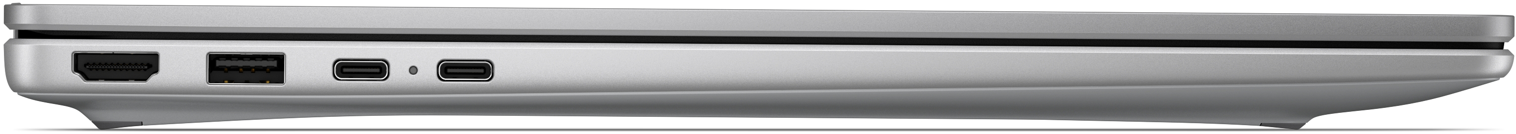 Egy ezüstszínű laptop oldalsó nézete HDMI, USB-A és USB-C portokkal.