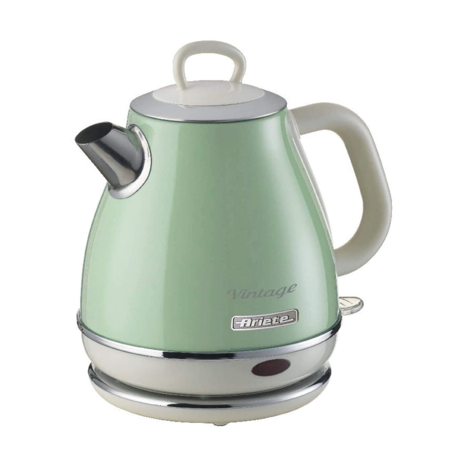 Un bollitore elettrico vintage Ariete verde menta con manico crema e dettagli cromati su base tonda.