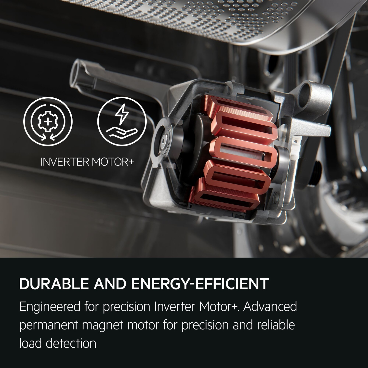 Vista in sezione di un motore Inverter+ con avvolgimenti in rame rosso e icone di efficienza.