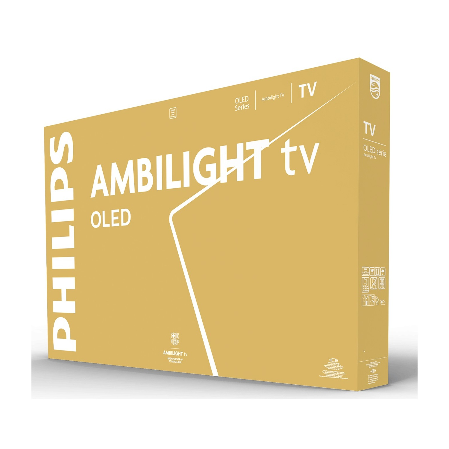 Una scatola di imballaggio giallo-oro per un TV Philips Ambilight OLED con testo e loghi bianchi.