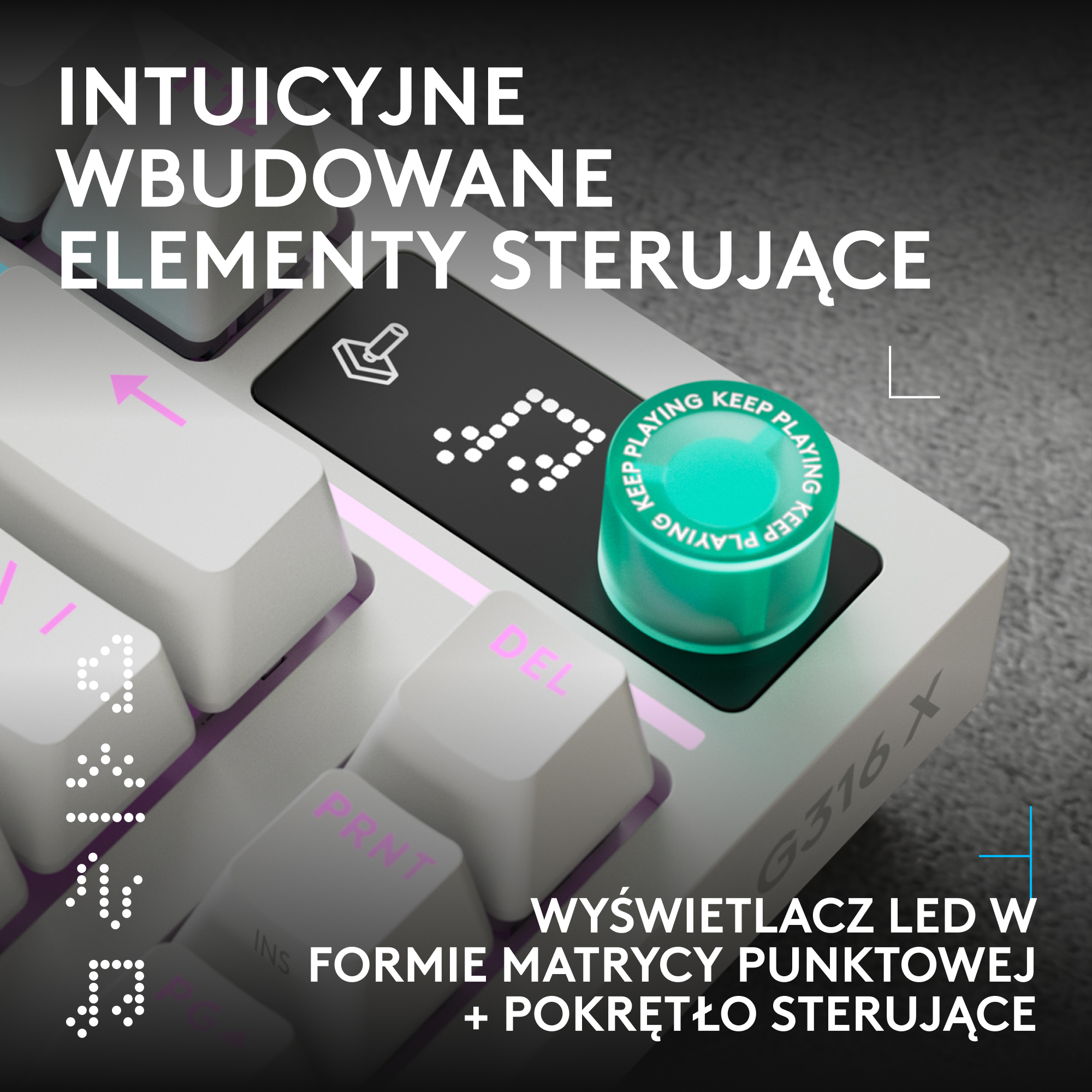 Klawiatura mechaniczna z wyświetlaczem LED i turkusowym pokrętłem sterującym.