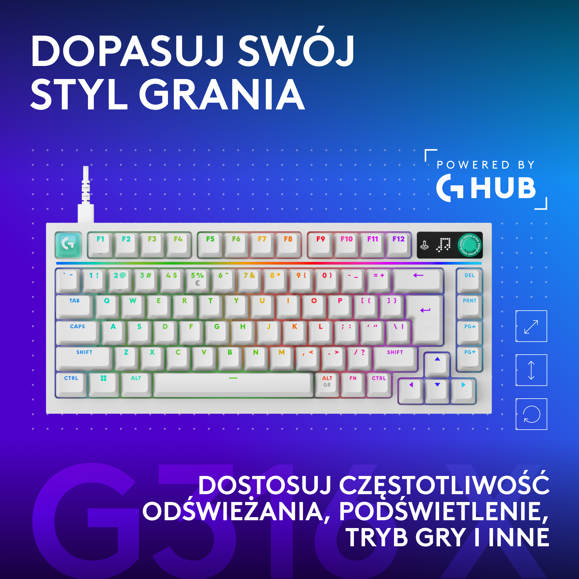 Biała klawiatura dla graczy z podświetleniem RGB na niebieskim tle z tekstem.