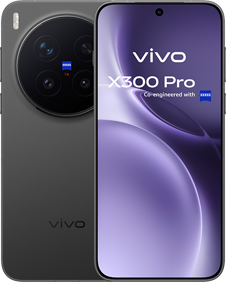 Vivo X300 Pro okostelefon kör alakú kameraszigettel és nagy lila kijelzővel.