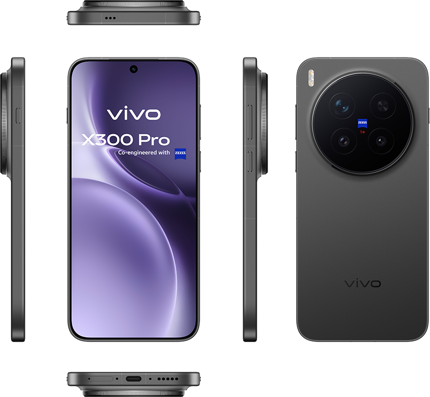 A szürke vivo X300 Pro okostelefon elülső, hátulsó és oldalsó nézete, kijelzővel, kameramodullal és gombokkal.