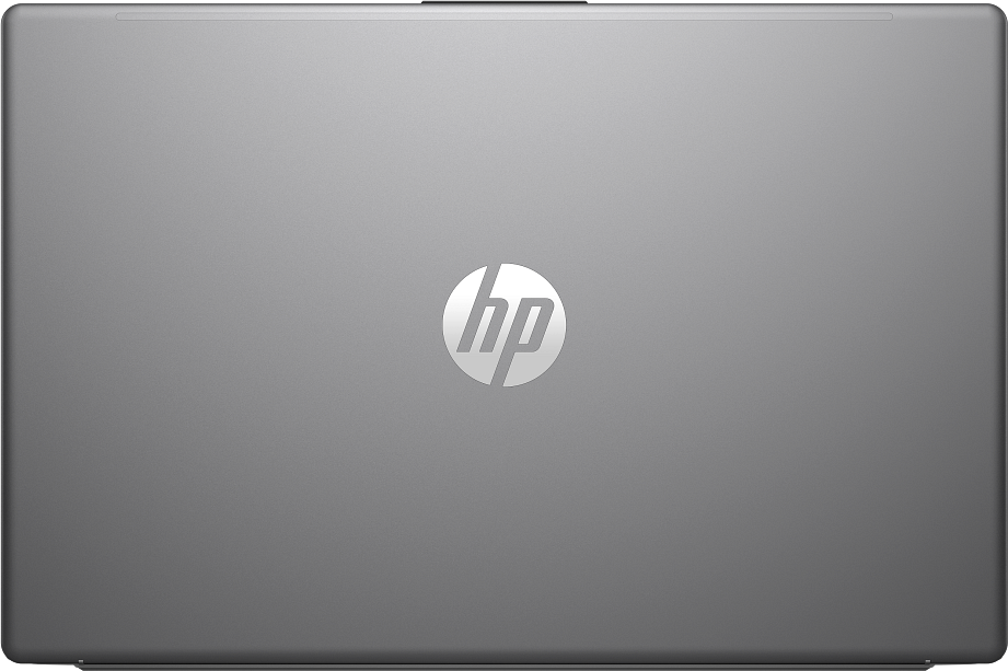 Egy laptop lezárt, szürke fedele a közepén ezüst színű HP logóval.