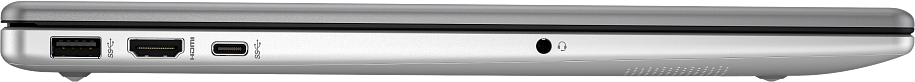 Egy ezüst laptop oldalsó nézete USB, HDMI, USB-C portokkal és fejhallgató-csatlakozóval.