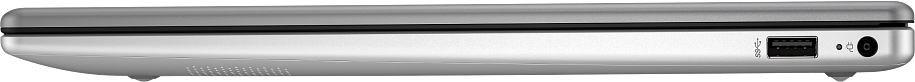Egy ezüst laptop oldalsö nézete USB-porttal és töltőcsatlakozóval.