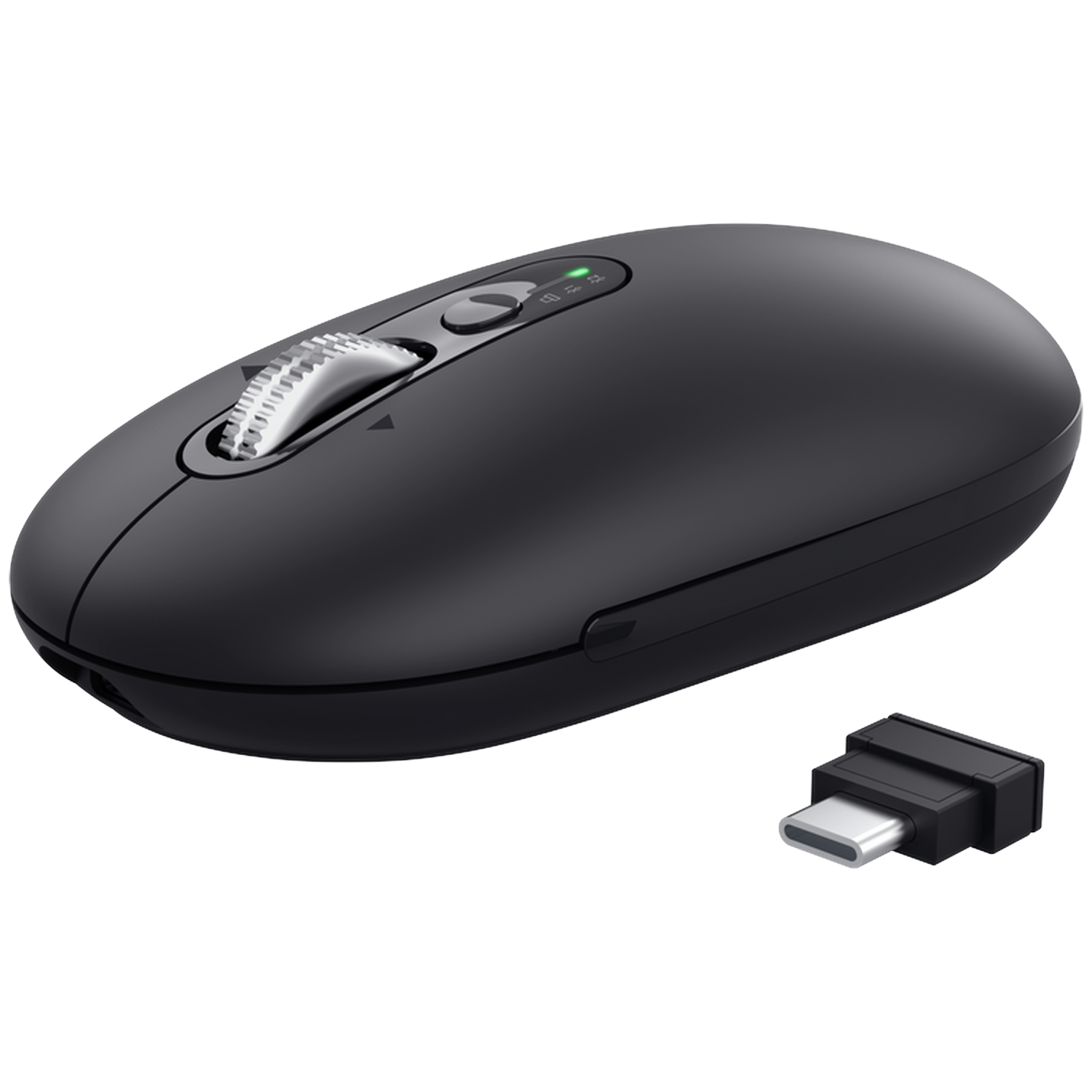 A matte black wireless computer mouse with a large metal scroll wheel and a small USB-C receiver.