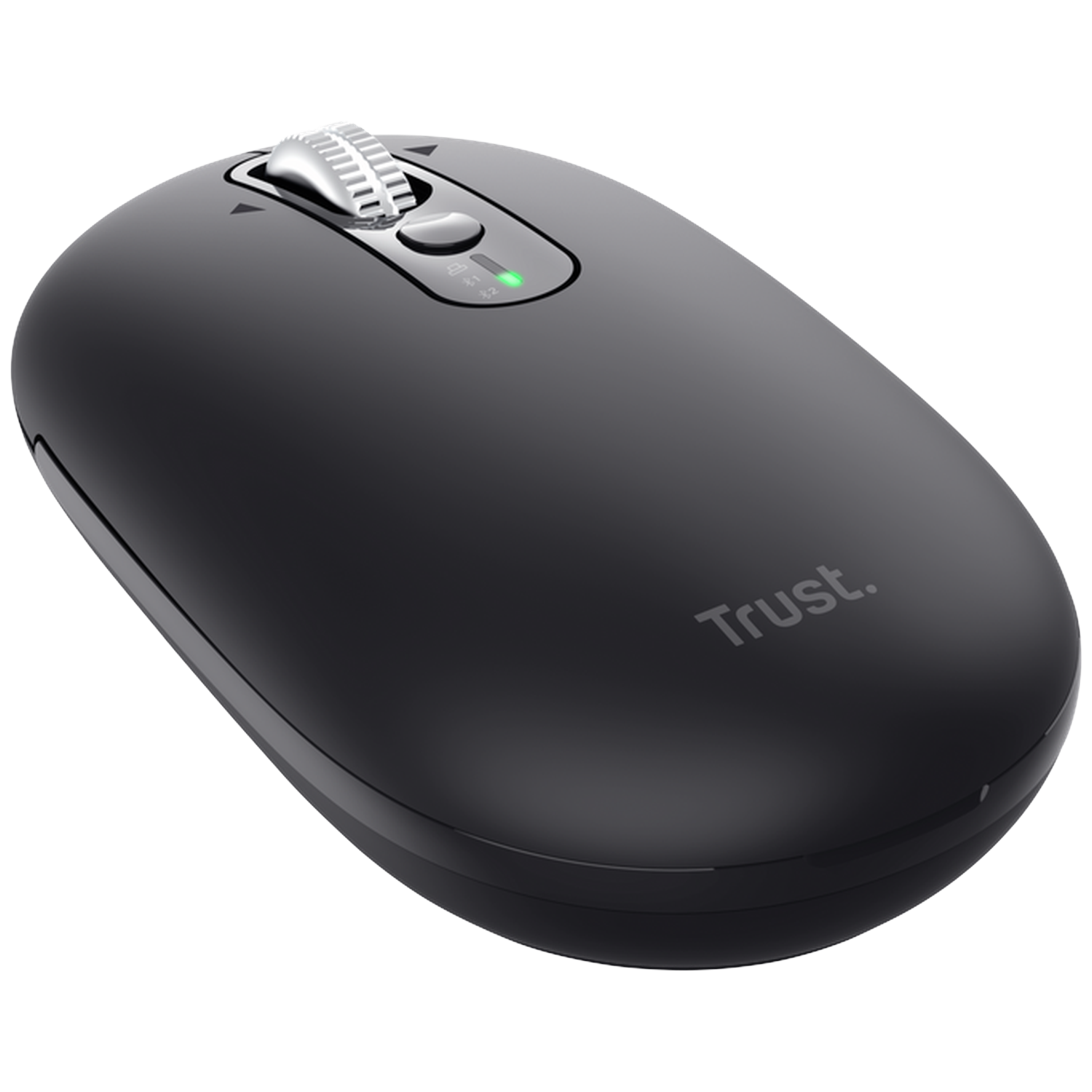 A black wireless Trust computer mouse with a scroll wheel and green LED on a black background.